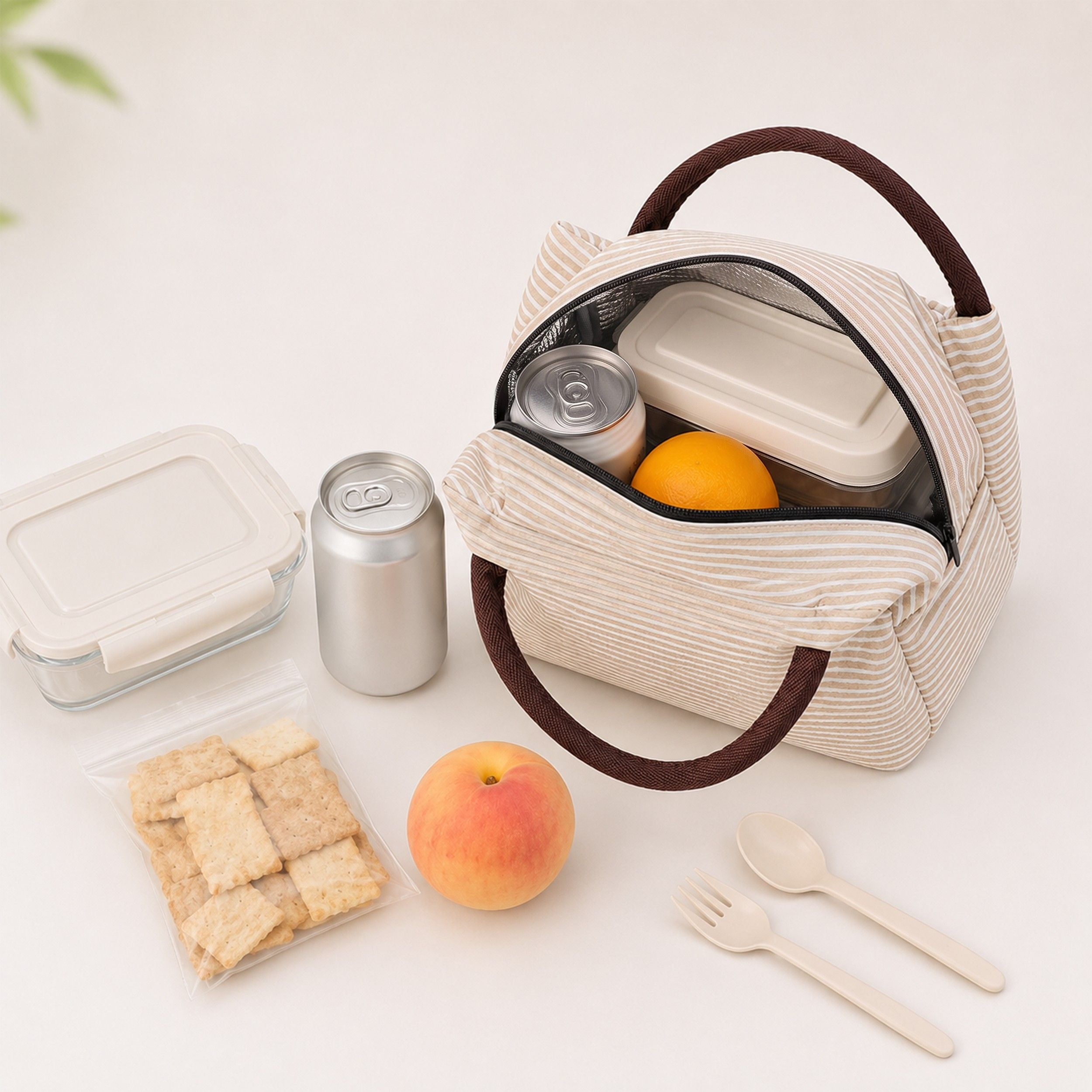 Insulated Striped Lunch Bag Reusable Soft Cooler Tote for Work School Picnic