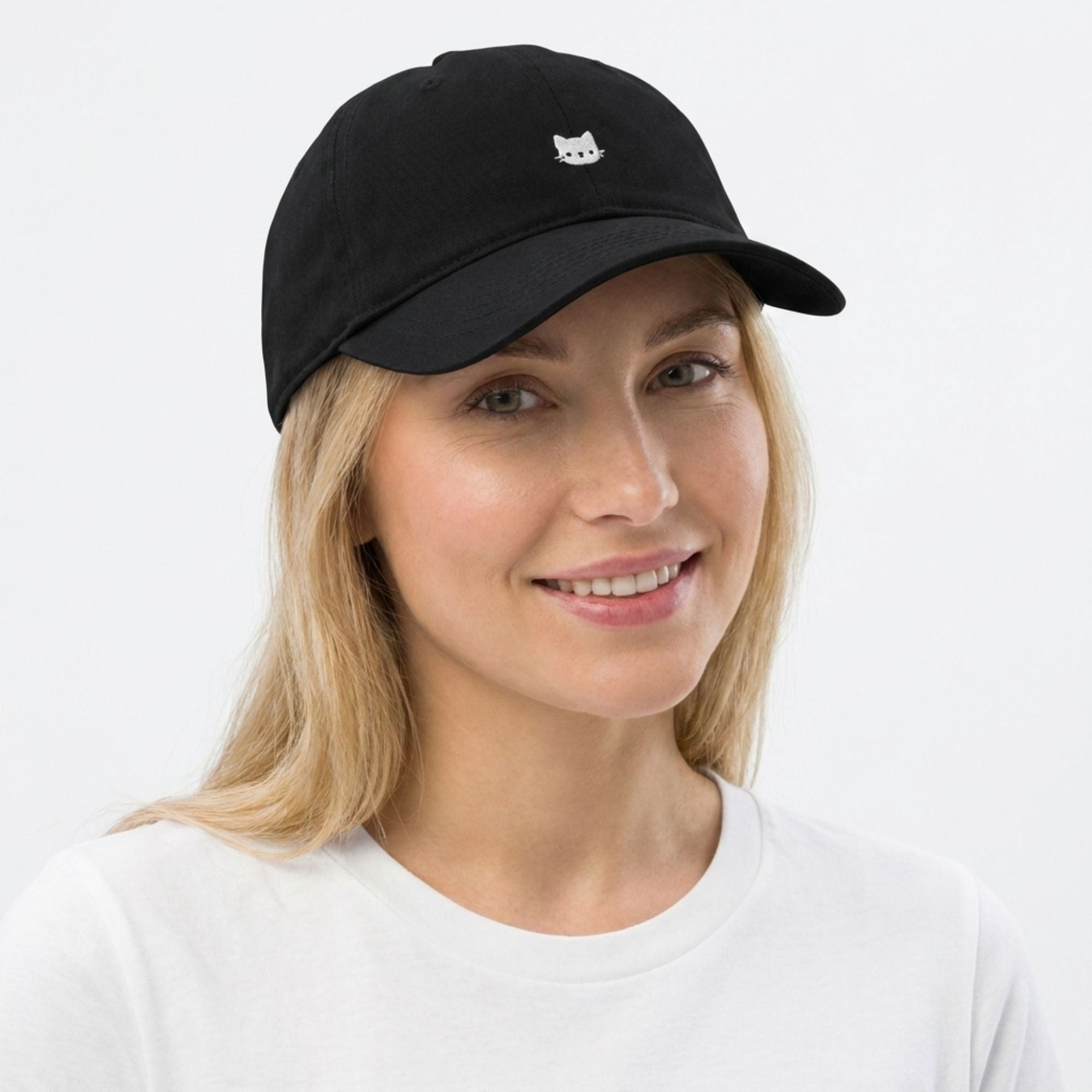 Washed Cotton Baseball Cap Cat Detail Adjustable Dad Hat