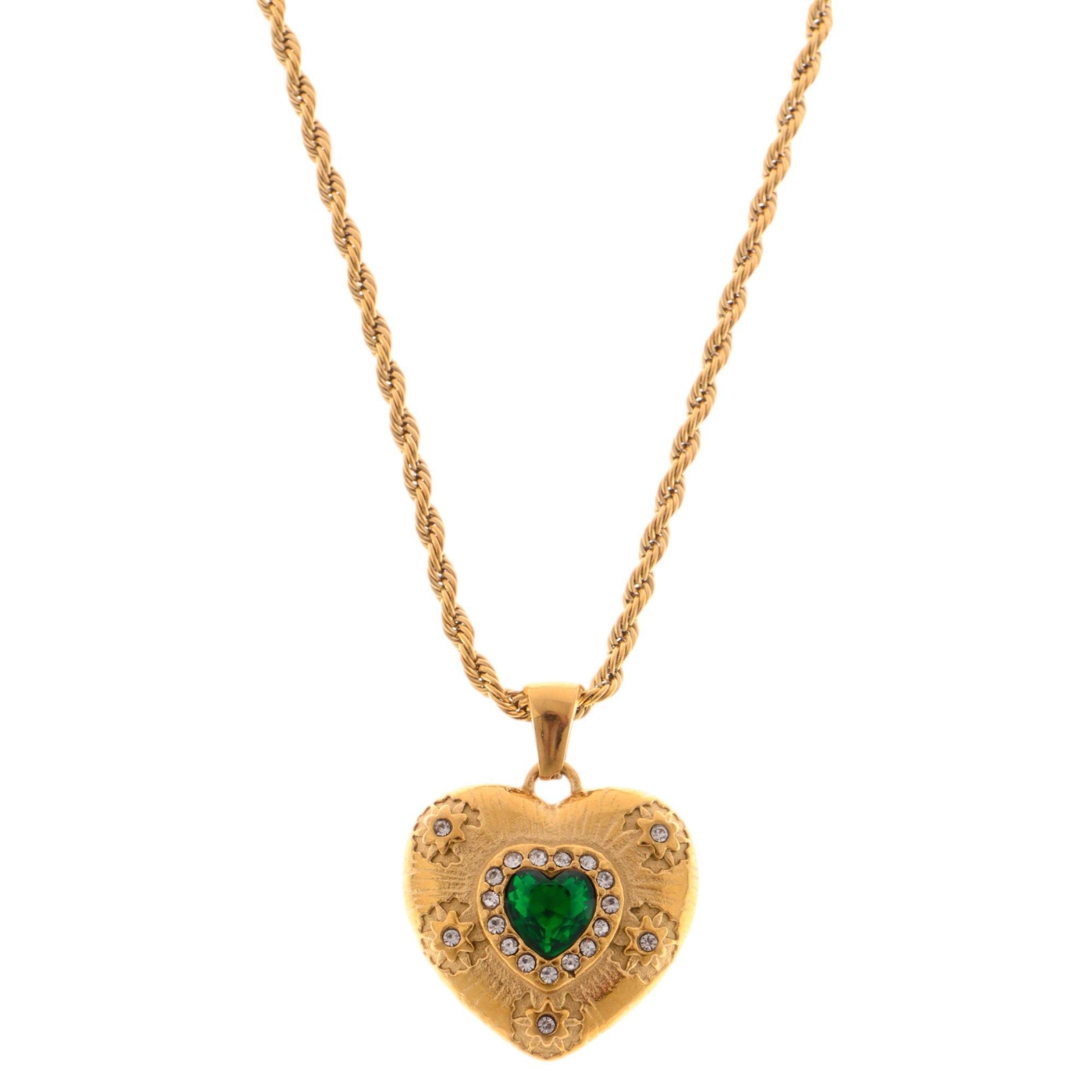 Gold Tone Heart Pendant Fashion Necklace with Green Gemstone and Crystal Accents