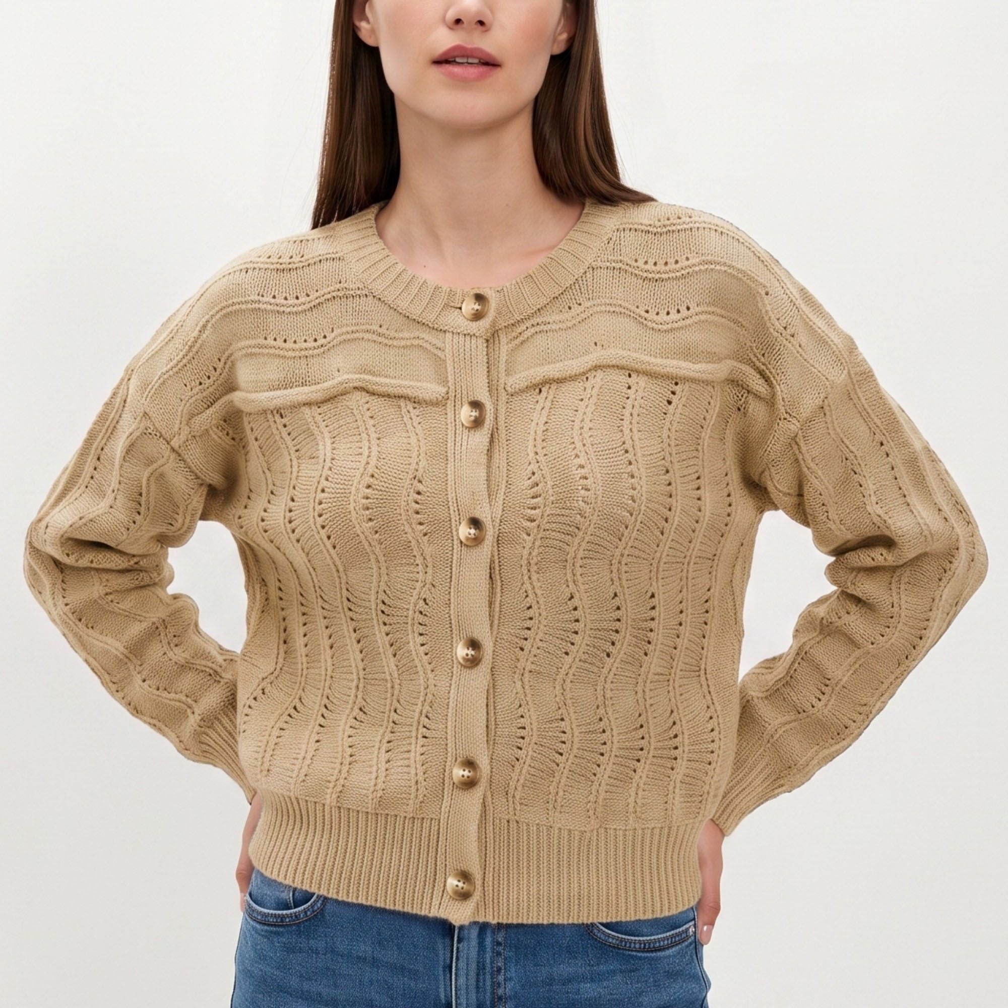 Wavy Pointelle Button-Front Long Sleeve Knit Cardigan