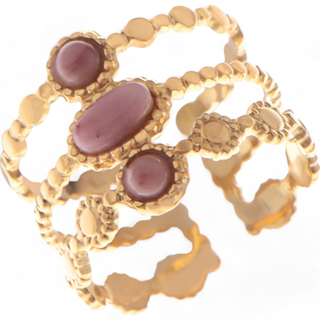 Women's Wide Statement Ring Gold Tone with Round Stone Marble-Like Stone and Textured Details