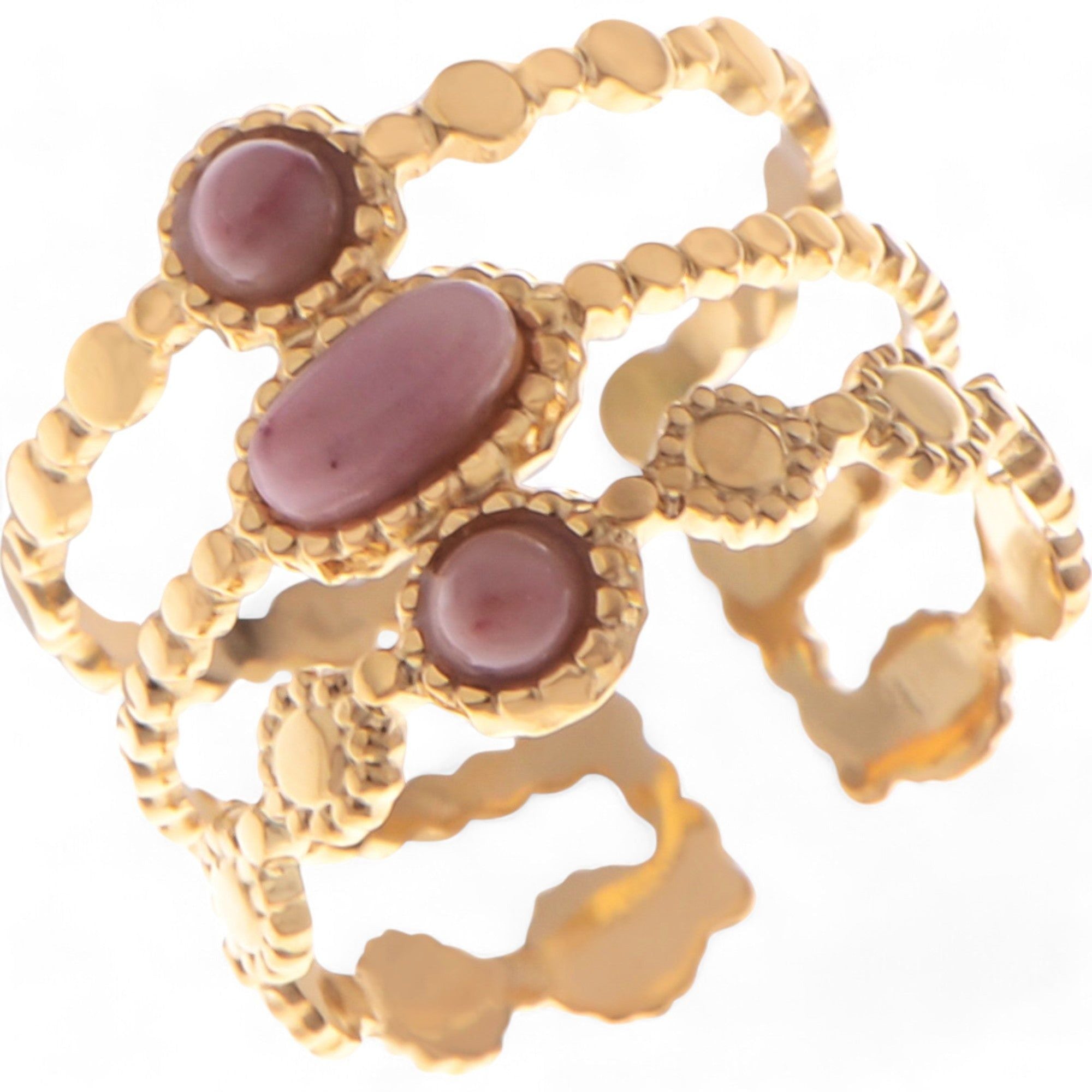 Women's Wide Statement Ring Gold Tone with Round Stone Marble-Like Stone and Textured Details