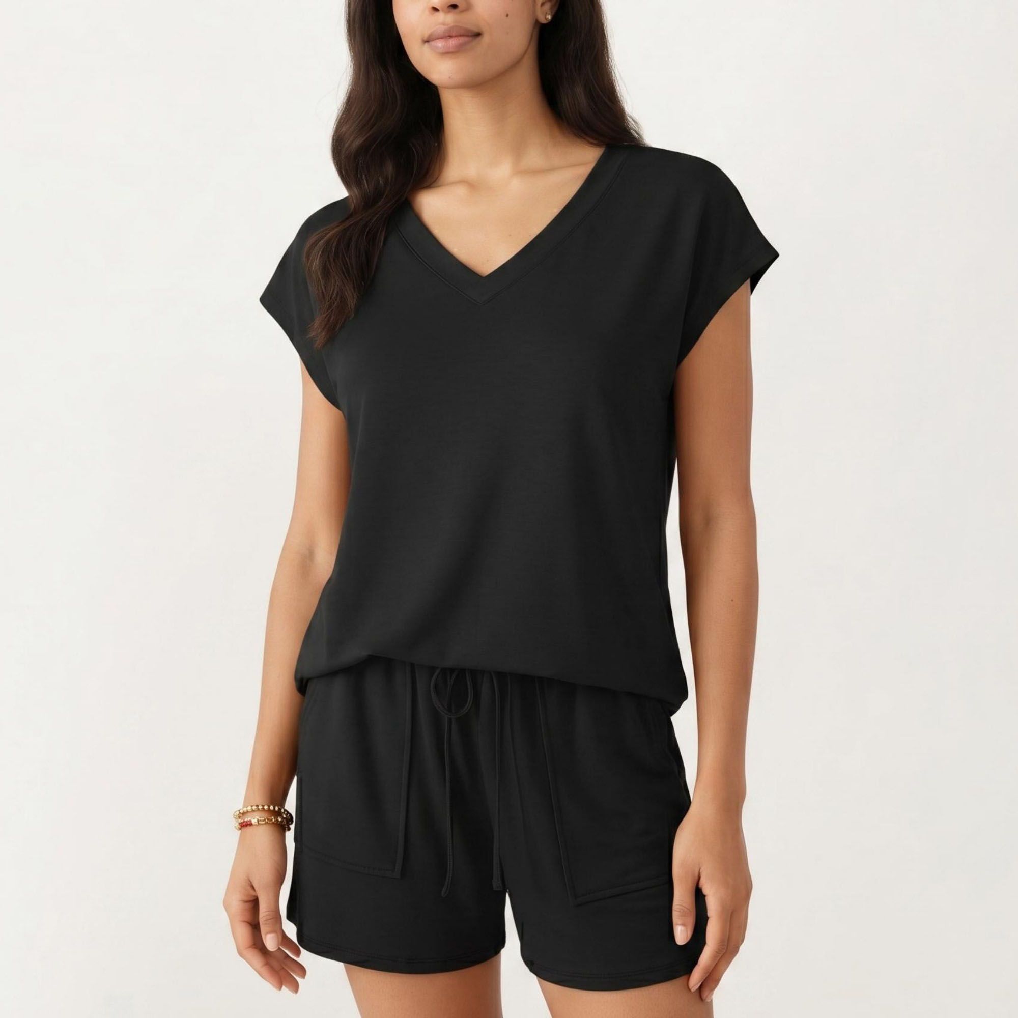 Anna-Kaci Women's 2-Piece Set Short Sleeve V Neck Top and Drawstring Shorts with Pockets Relaxed Fit Lounge Set