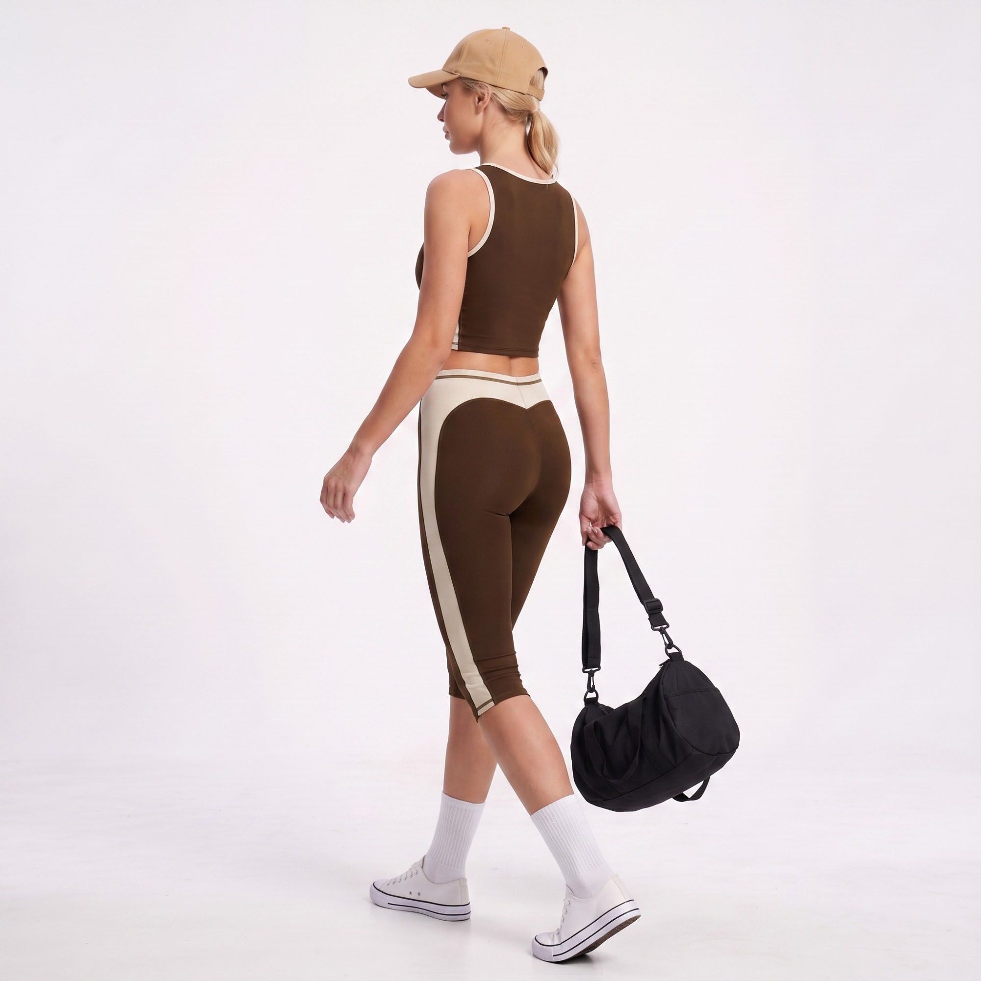 Colorblock High Waist Capri Leggings Fitted Cropped Yoga Pants for Running Gym Training