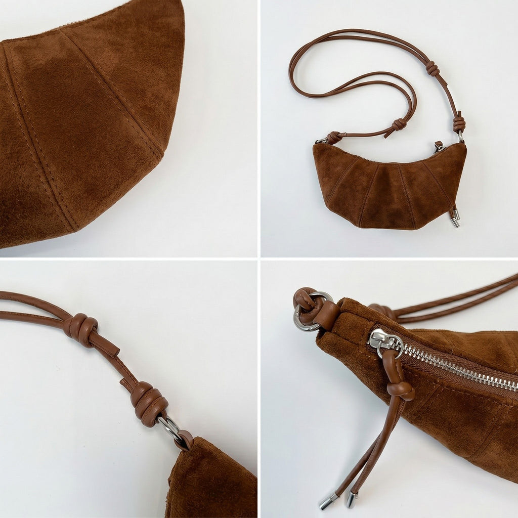Soft Faux Suede Crossbody Shoulder Bag Adjustable Strap Compact Everyday Crescent Purse