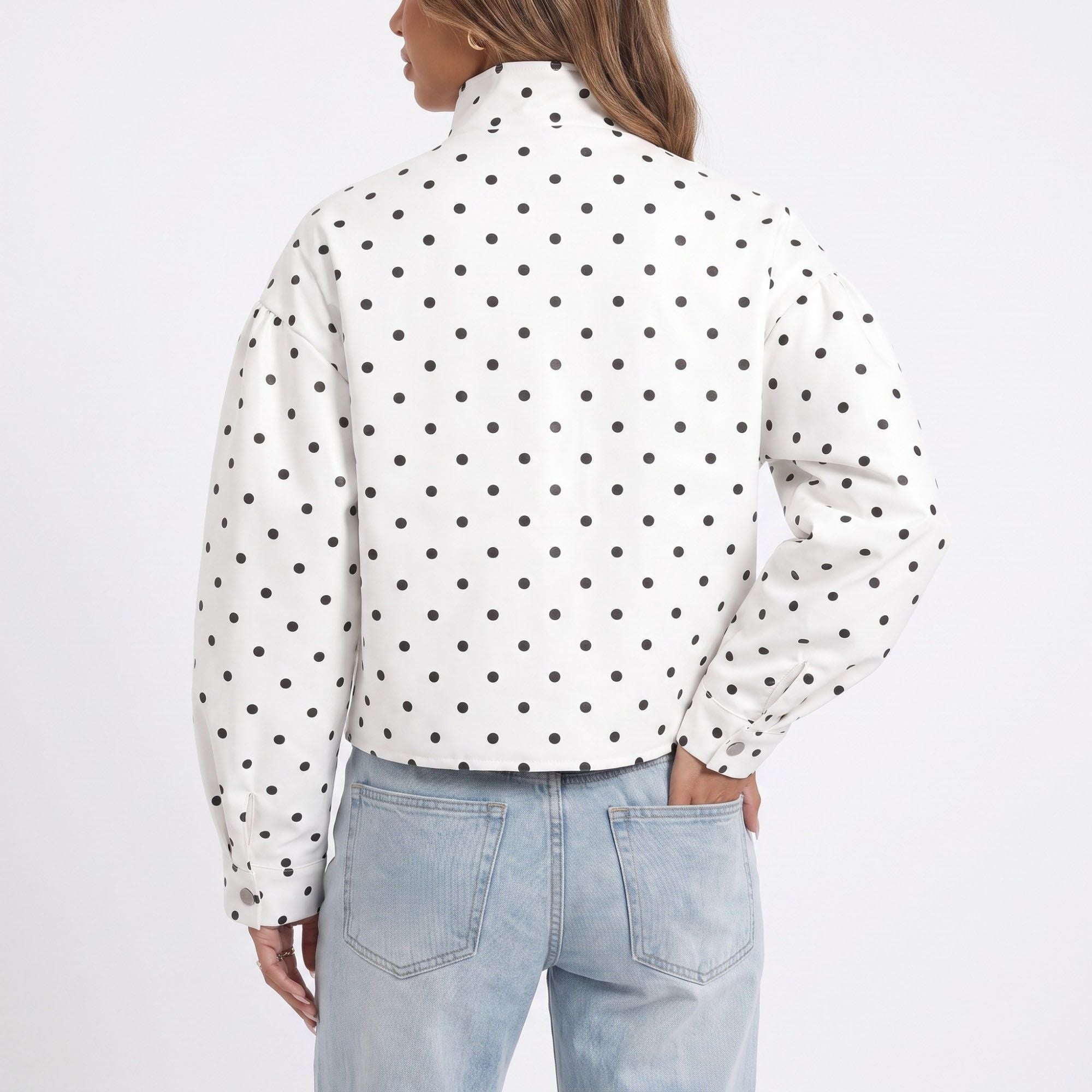 Polka Dot Stand Collar Cropped Jacket Snap Front Relaxed Fit Long Sleeve