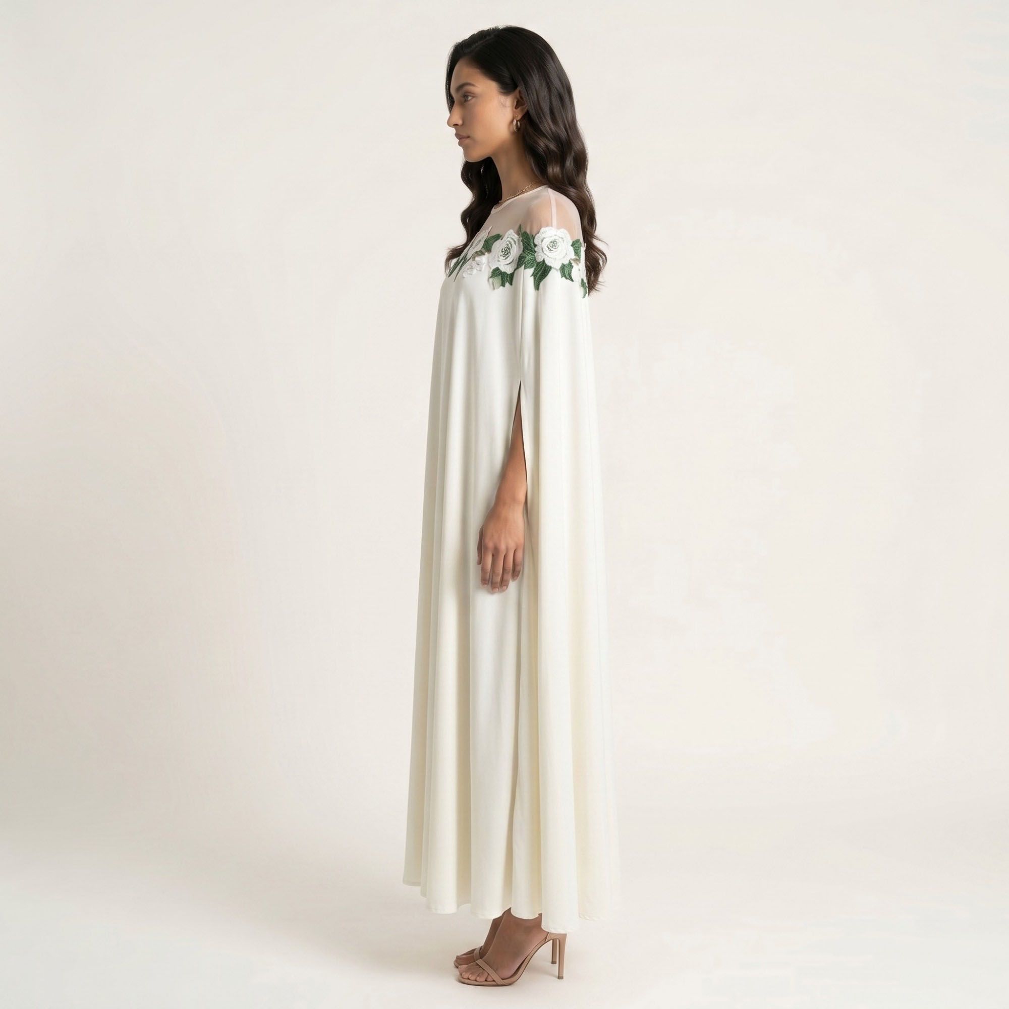 Anna-Kaci Women's Floral Embroidered Cape Maxi Dress Sheer Neckline Loose Fit Flowing Long Dress