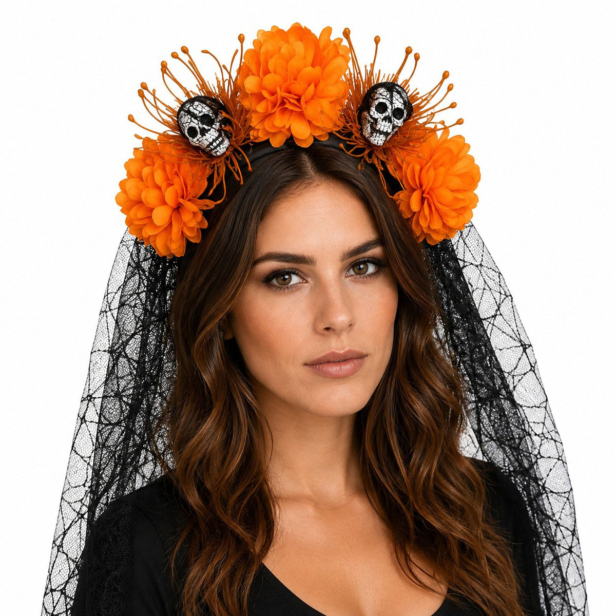 Halloween Floral Skull Headband with Spiderweb Lace Veil
