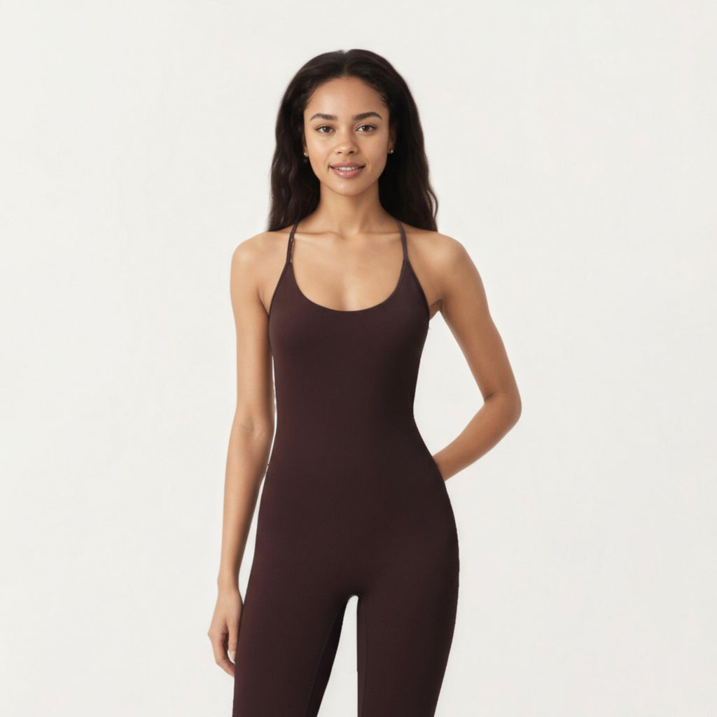 Anna-Kaci Active Women's Scoop Neck Full-Length Activewear Bodysuit with Spaghetti Straps