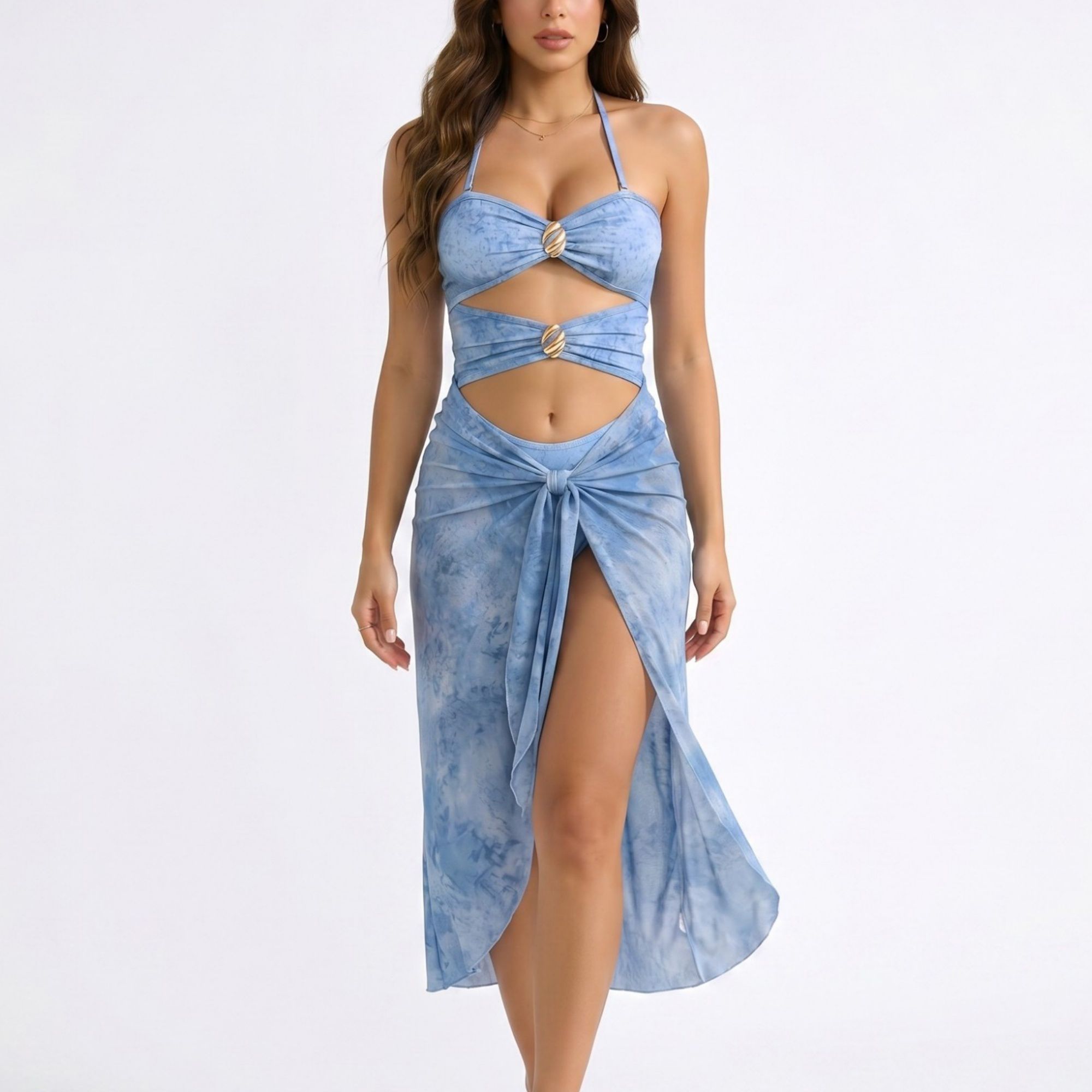 Anna-Kaci Swim Women's 2-Piece Halter Cutout One Piece Swimsuit with Tie Front Wrap Skirt