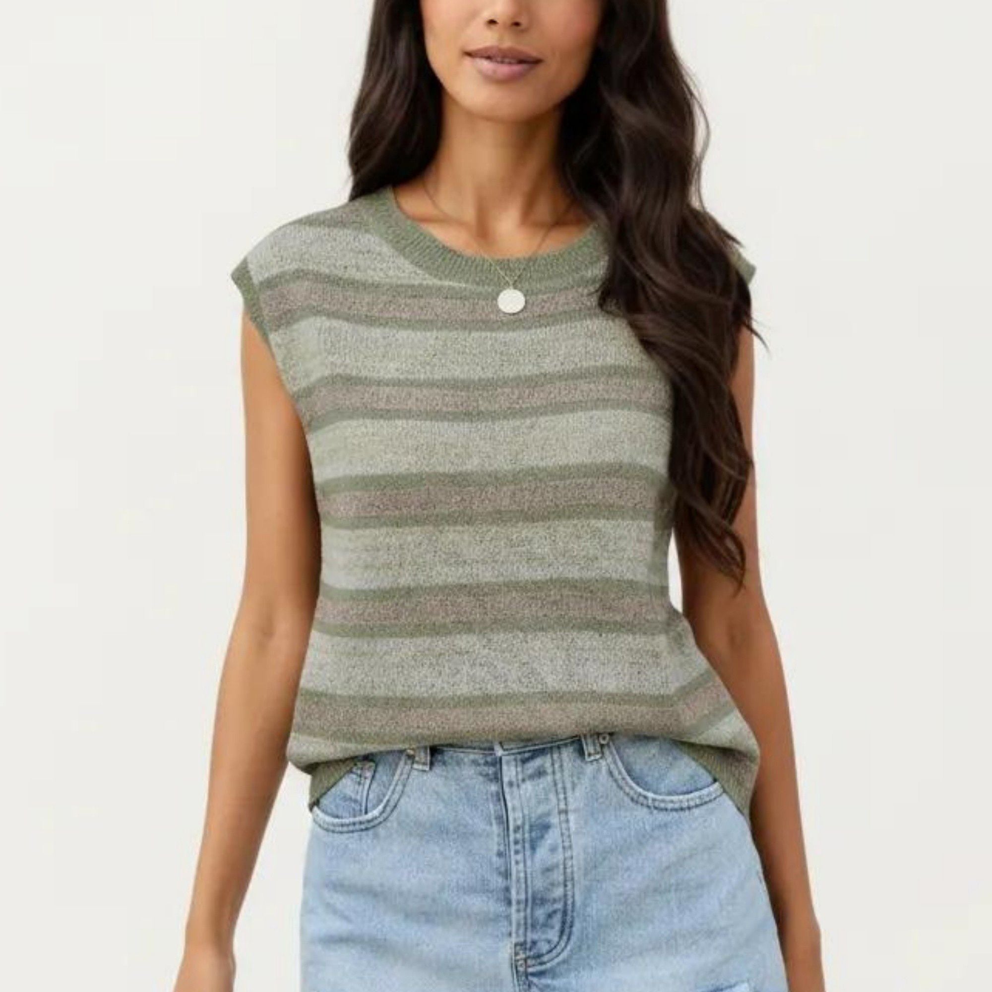 Anna-Kaci Women's Sleeveless Striped Knit Top with Shoulder Button Detail and Relaxed Fit