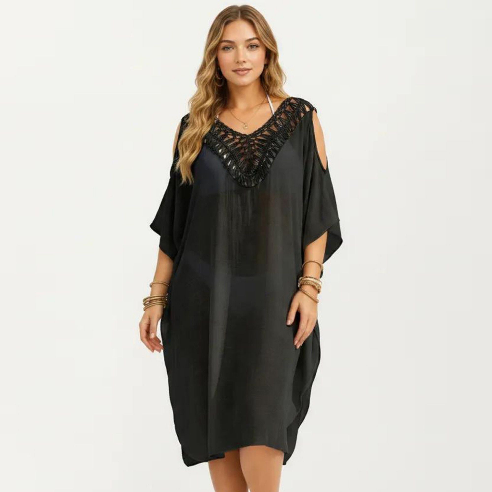 Anna-Kaci Women's Crochet V Neck Swim Cover Up Dress with Cold Shoulder Sleeves and Relaxed Fit