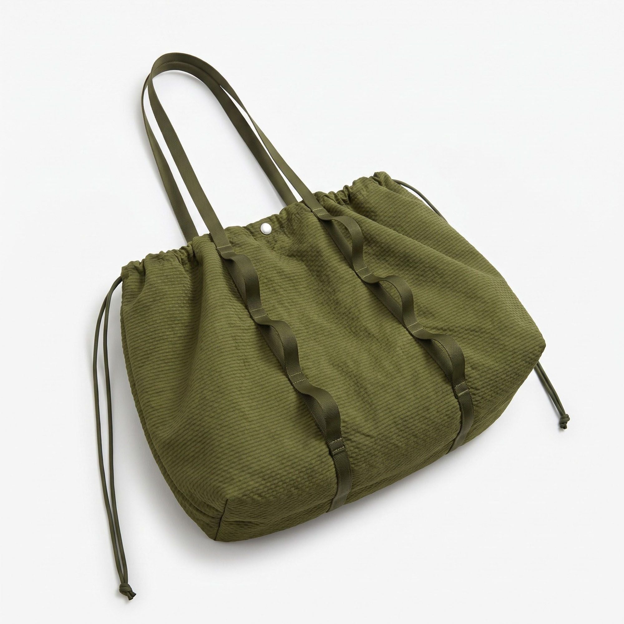 Textured Drawstring Tote Bag with Long Shoulder Straps and Ruffled Trim 13x15.5x5.5in