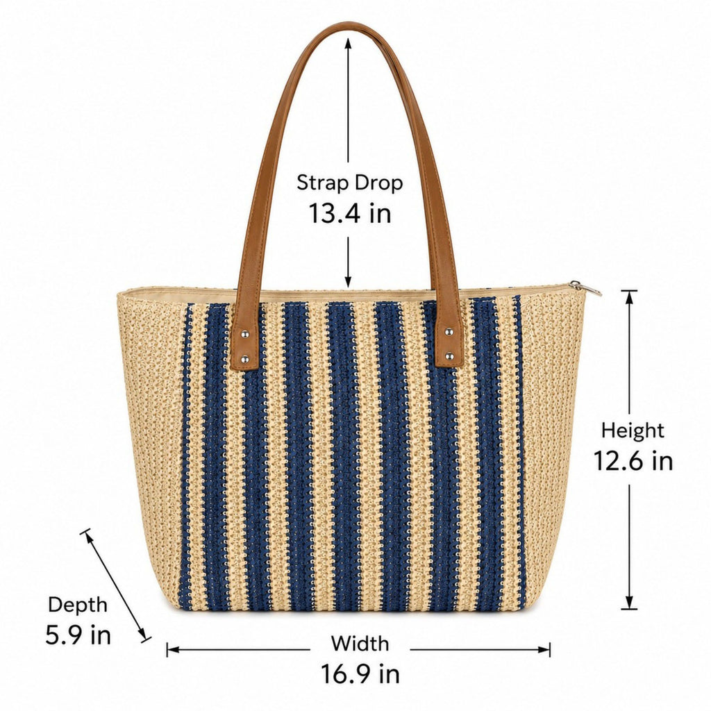 Crochet Look Striped Tote Bag with Faux Leather Shoulder Straps