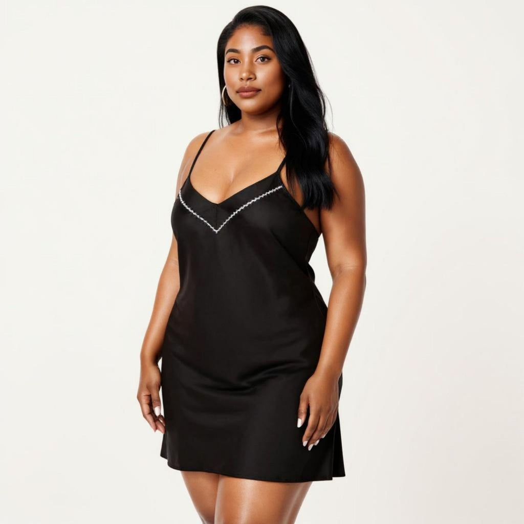 Anna-Kaci Lounge Women's Plus Size V Neck Slip Nightgown Contrast Trim Spaghetti Strap Soft Satin Sleep Dress Short Chemise
