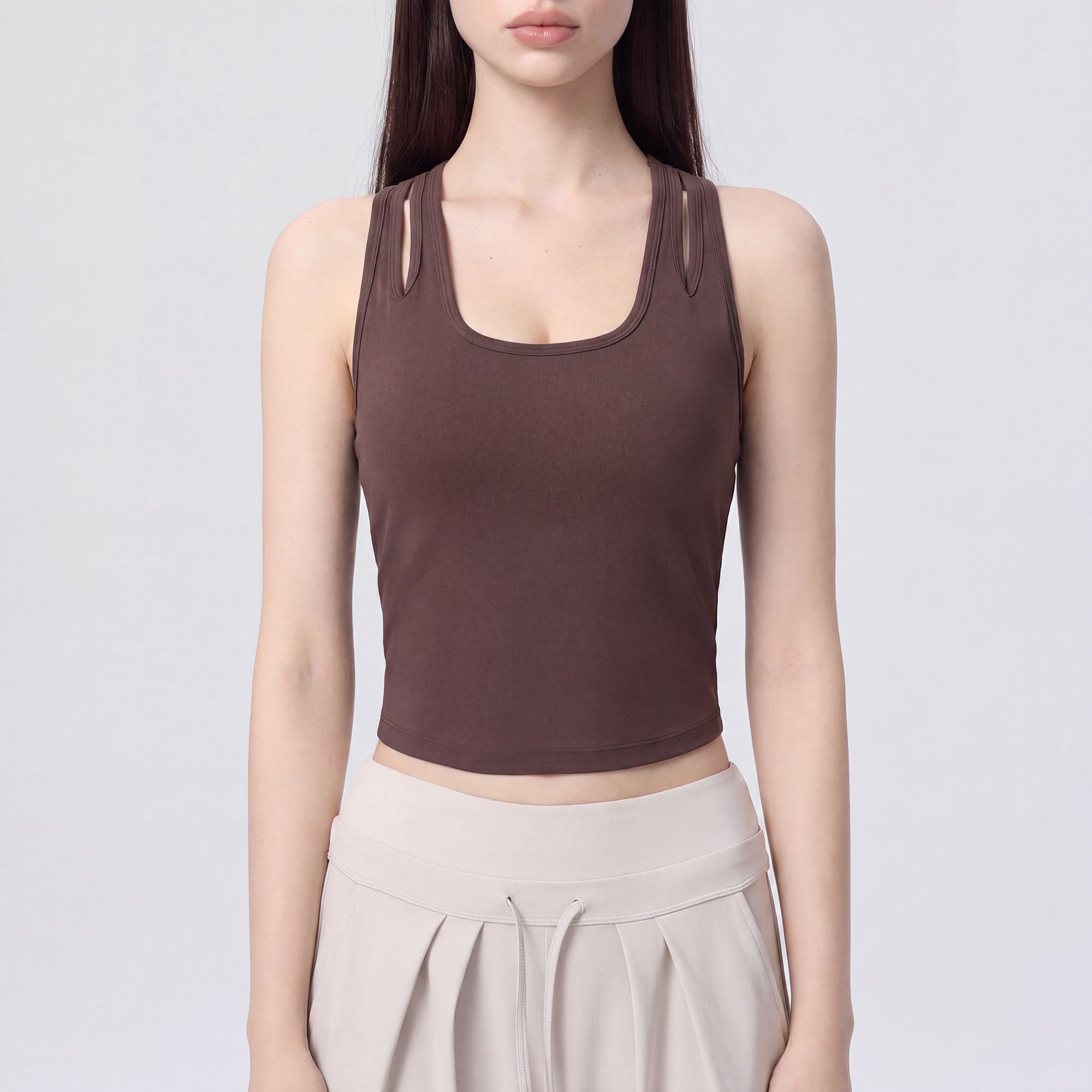 Sleeveless Yoga Tank Top with Built In Padding Scoop Neck Cutout Strap Detail and Fitted Activewear Silhouette