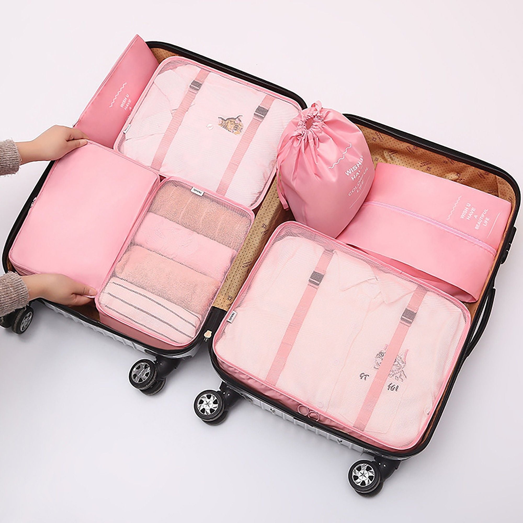 Travel Packing Organizer Set with Mesh Cubes Drawstring Bag Zipper Pouch Lightweight Storage Set