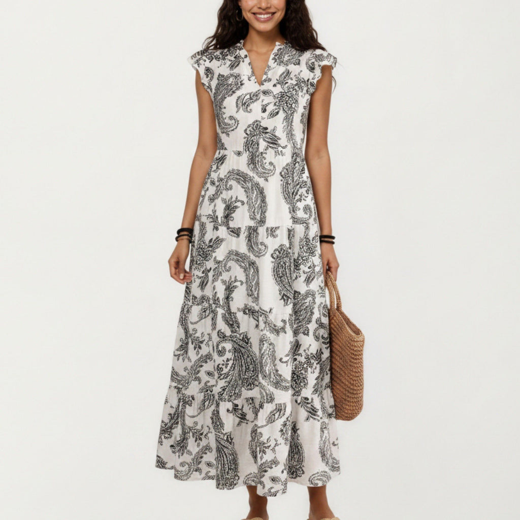 Anna-Kaci Women's Paisley Print Flutter Sleeve Tiered Maxi Dress