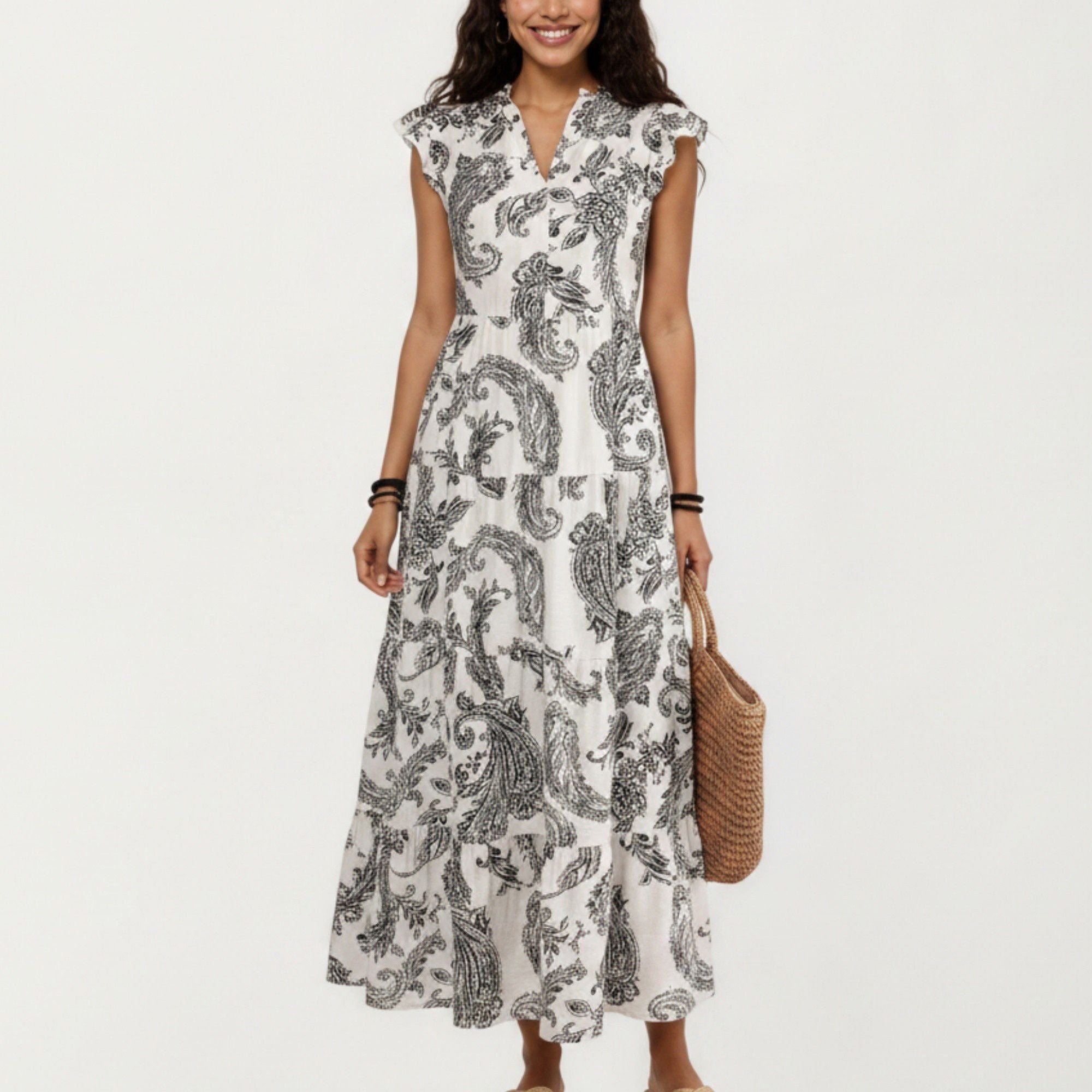 Anna-Kaci Women's Paisley Print Flutter Sleeve Tiered Maxi Dress