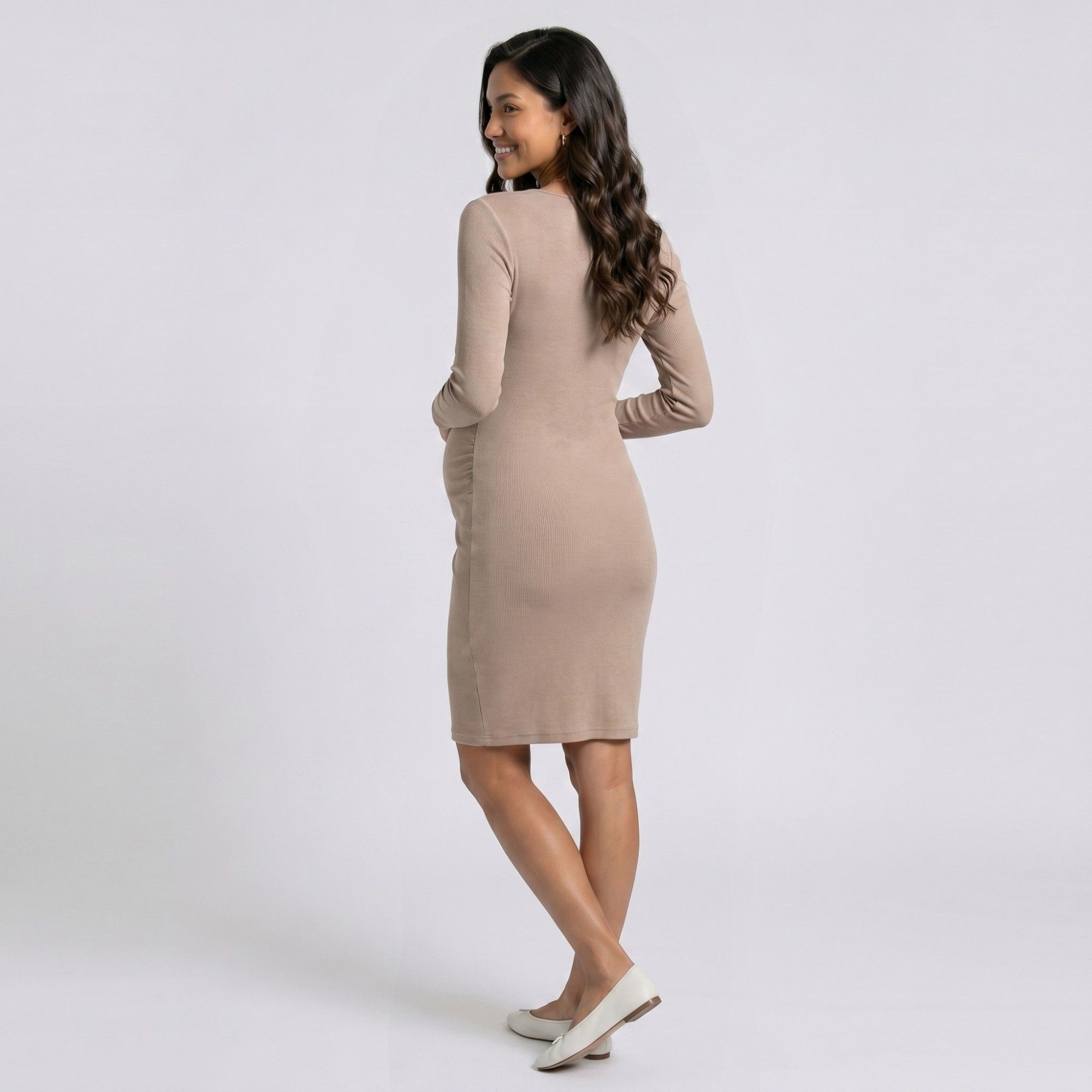 Anna-Kaci Women's Maternity Ribbed Long Sleeve Bodycon Dress with Front Twist Detail