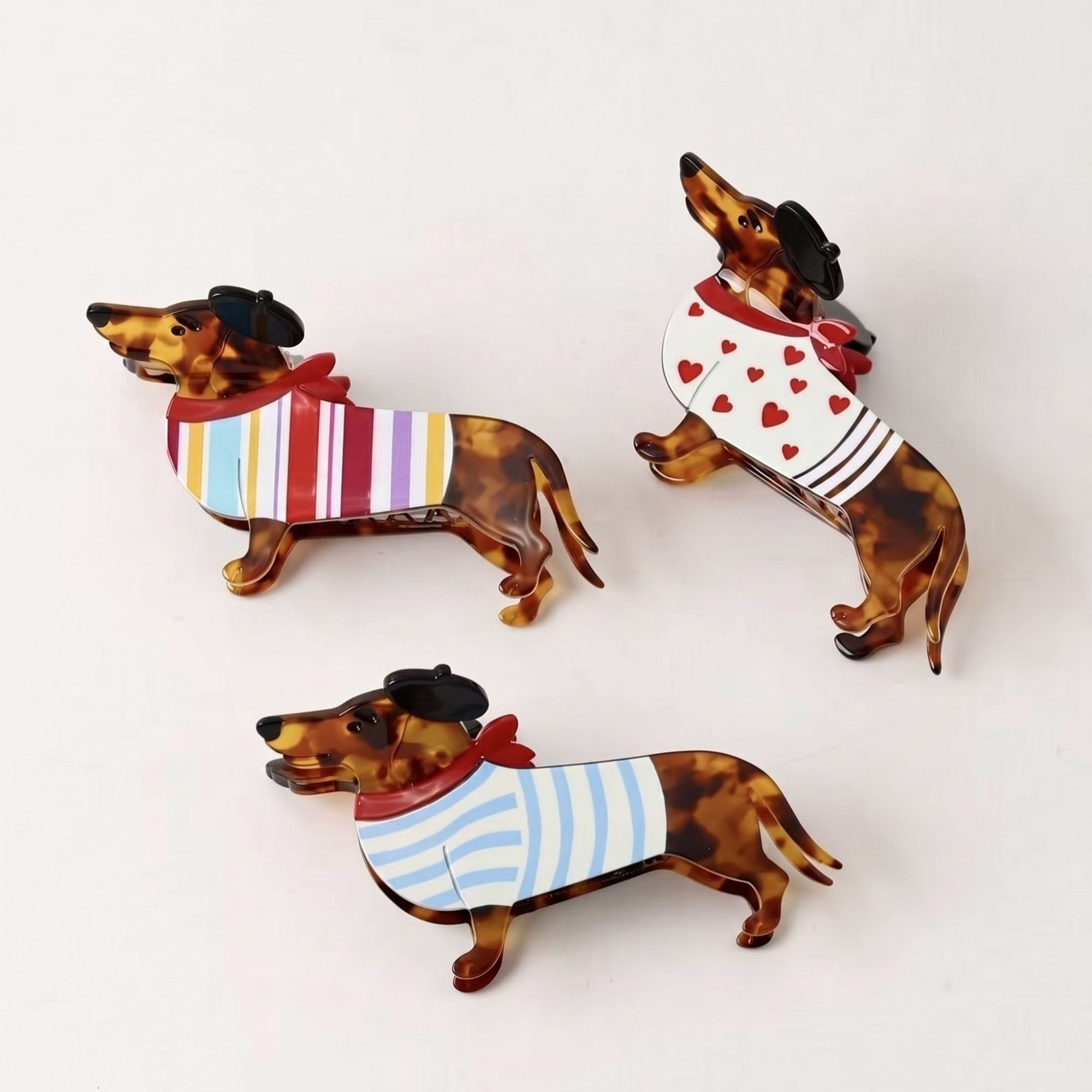 3pc Dachshund Dog Hair Clip Set Tortoiseshell Puppy Barrettes
