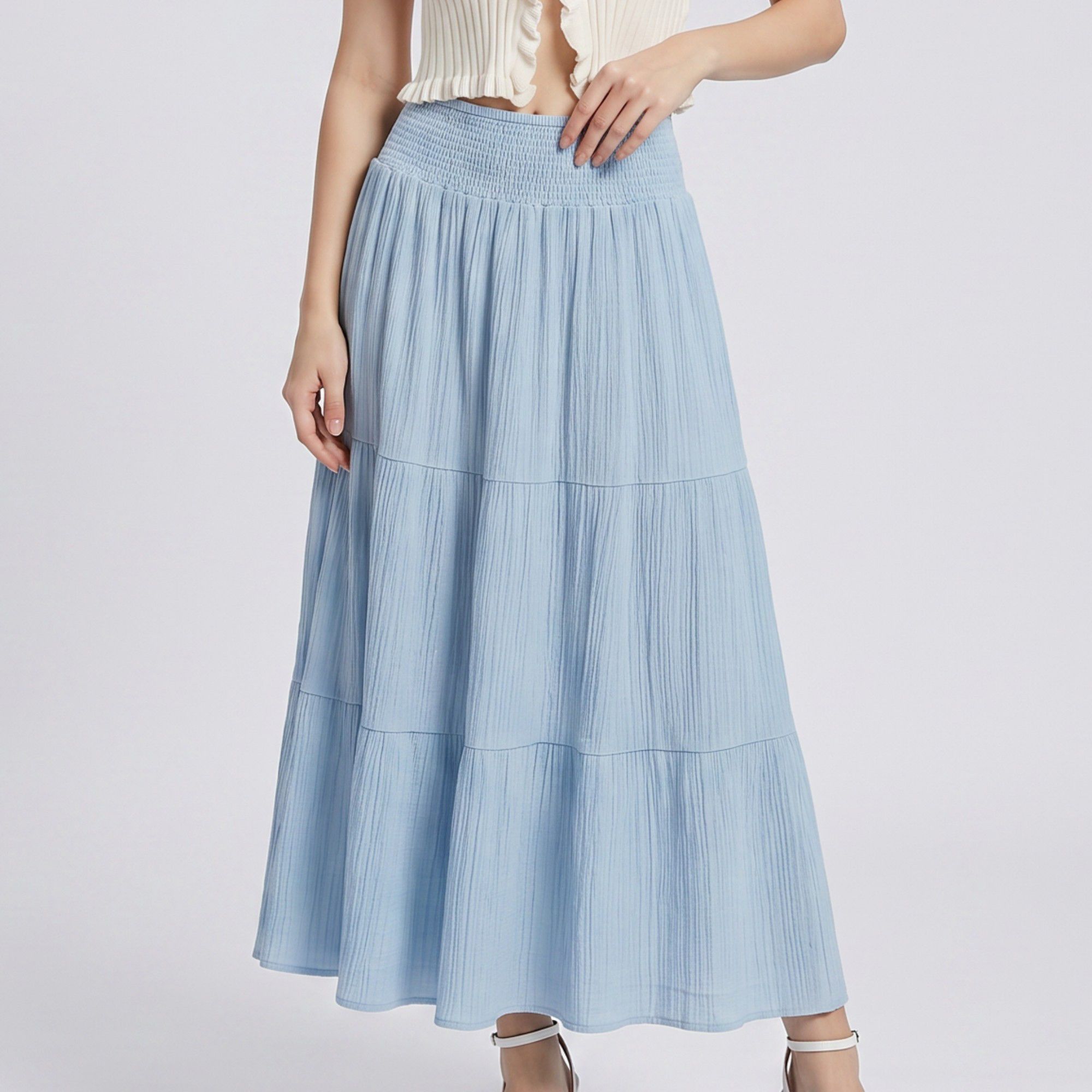High Waist Smocked Tiered Maxi Skirt Boho Flowy Textured Long Skirt