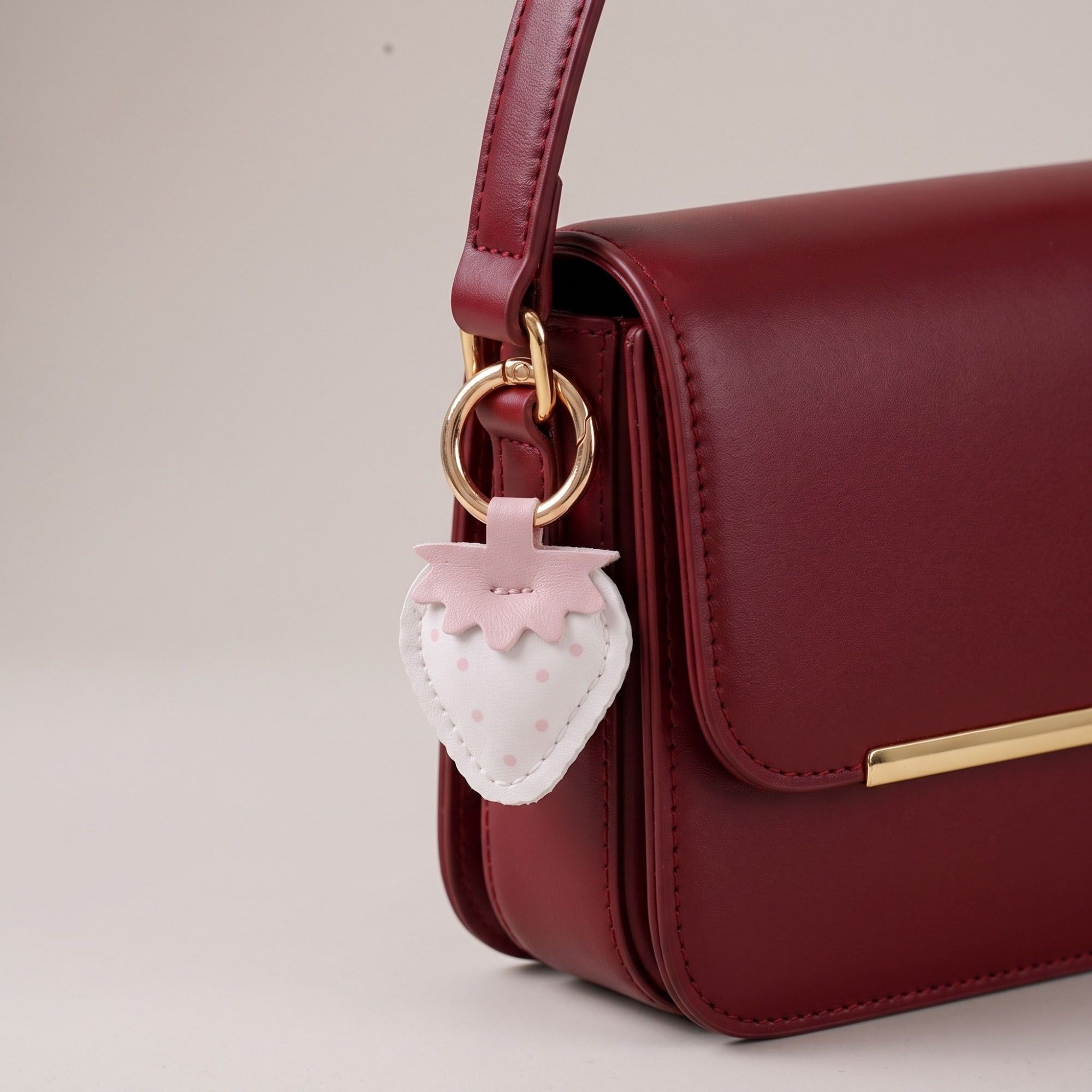 Strawberry Bag Charm with Pink Polka Dots and Gold Tone Ring Clip