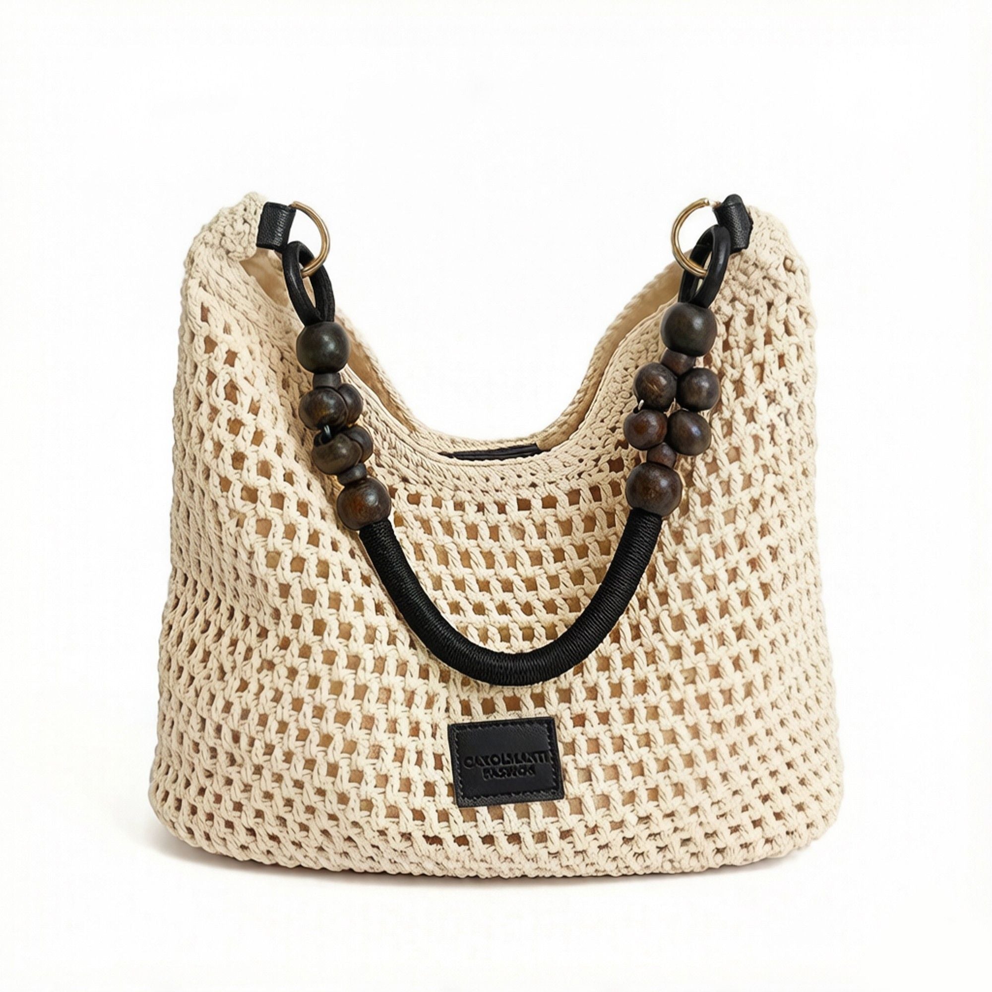 Crochet Hobo Shoulder Bag Wooden Bead Handle Open Weave Knit Handbag Slouchy Summer Carryall Lightweight Tote