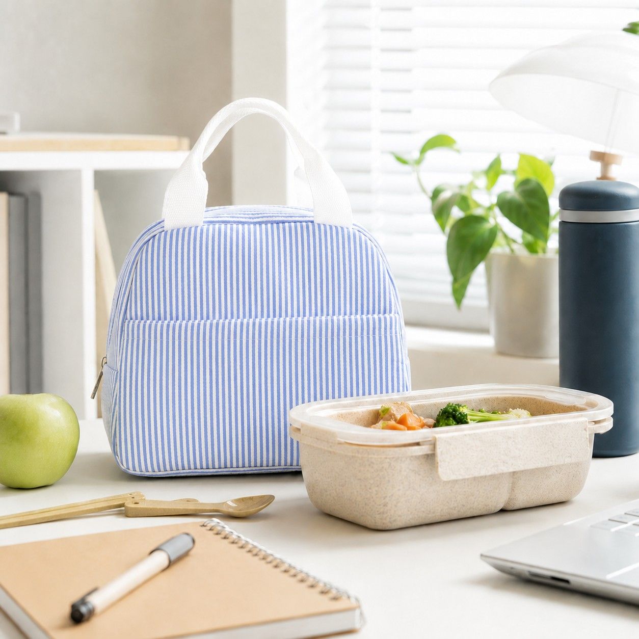 Striped Insulated Lunch Tote Bag with Front Pocket and Zip Closure