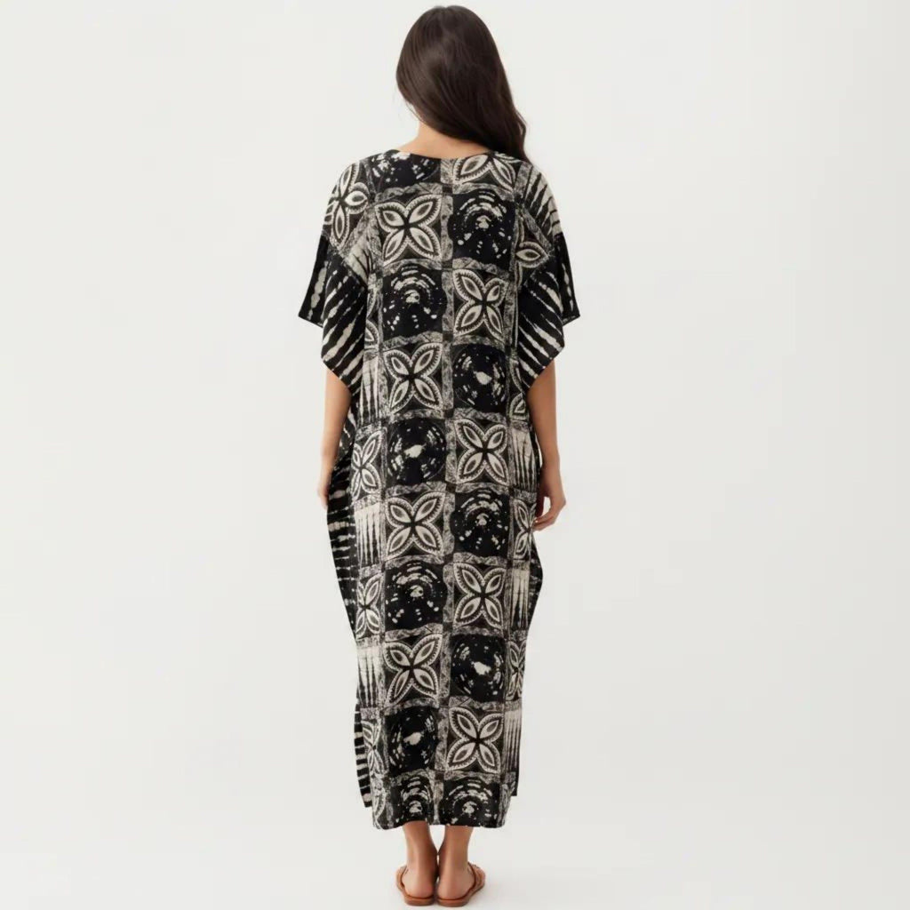 Anna-Kaci Women's Geometric Print Maxi Caftan Dress with V-Neckline Relaxed Fit and Draped Silhouette