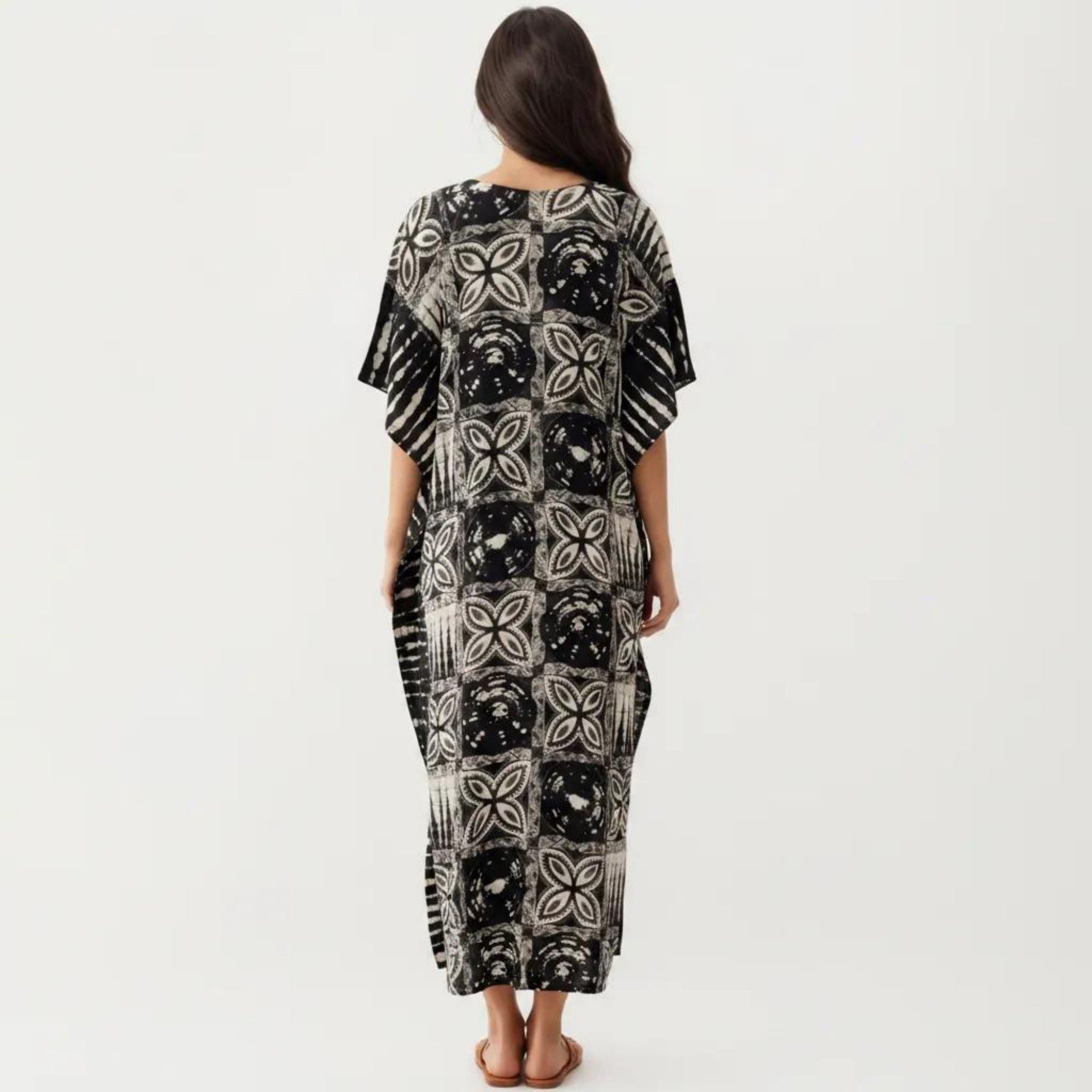 Anna-Kaci Women's Geometric Print Maxi Caftan Dress with V-Neckline Relaxed Fit and Draped Silhouette