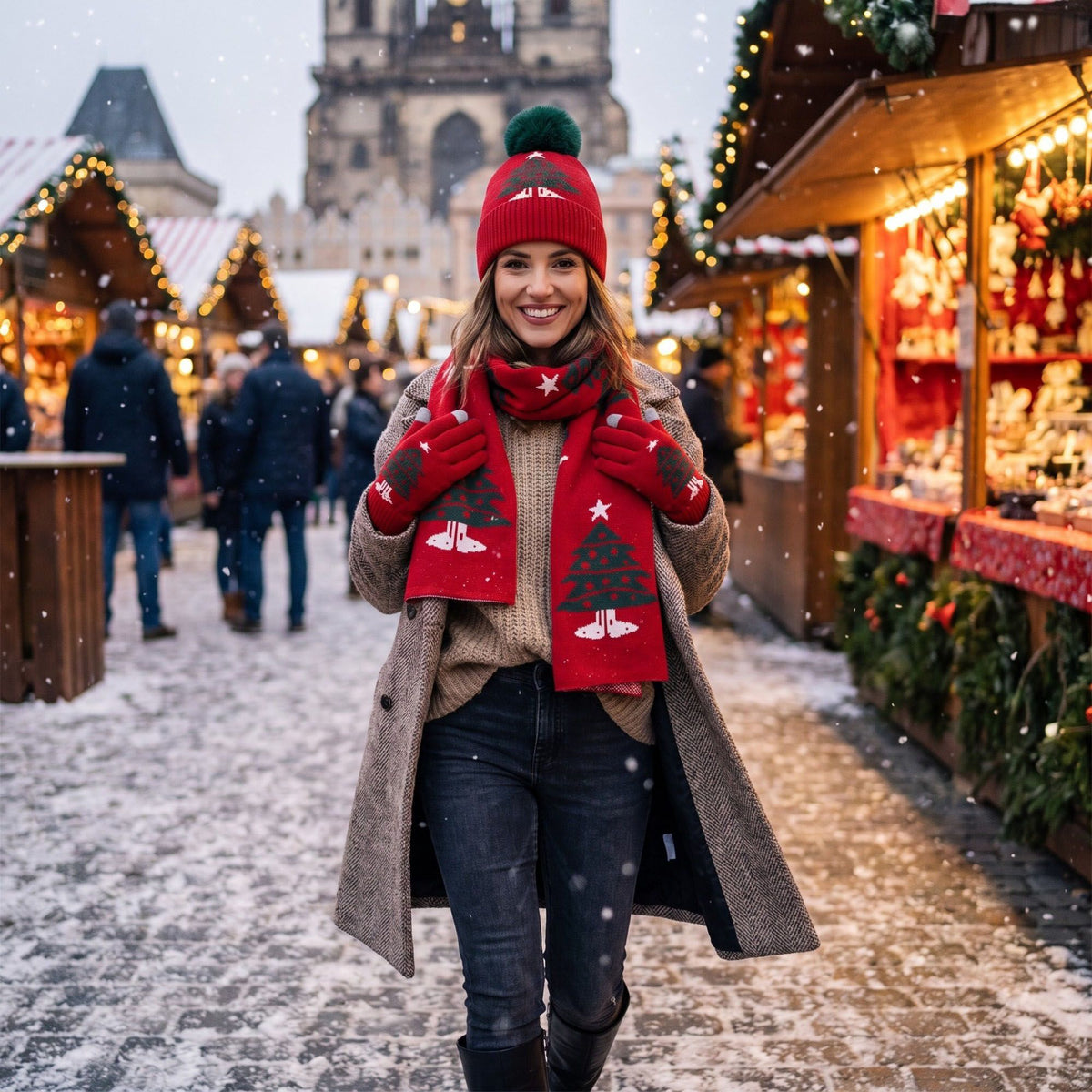 3 Piece Christmas Tree Beanie Scarf and Touchscreen Gloves Set