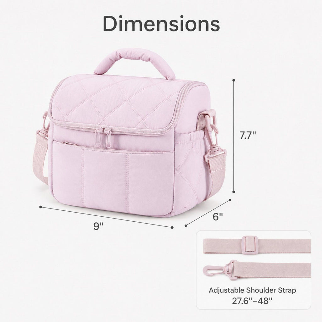 Quilted Insulated Lunch Bag with Adjustable Strap Padded Handle and PEVA Lining