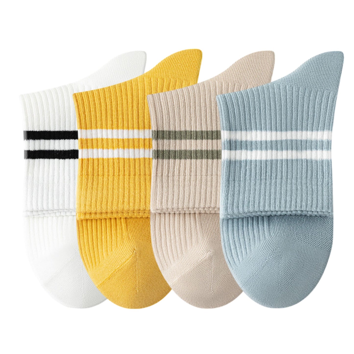 Anna-Kaci Womens Athletic Crew Socks 4-Pack Ribbed Knit Design Contrast Double Stripe Stretch Comfort Everyday Fit