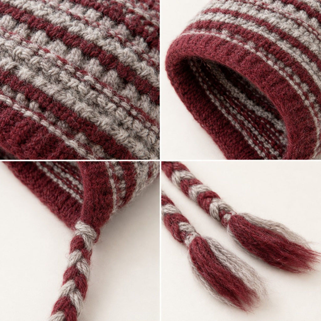 Patterned Knit Beanie with Braided Tassels