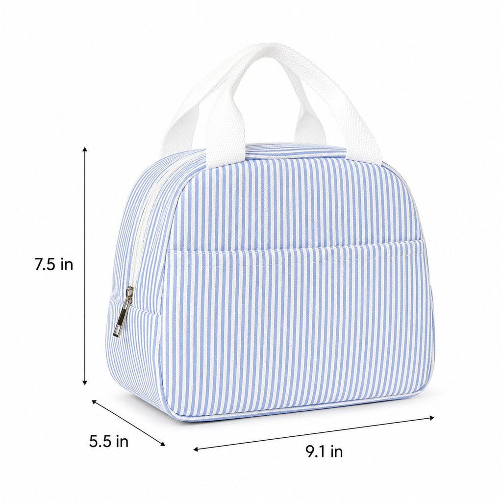 Striped Insulated Lunch Tote Bag with Front Pocket and Zip Closure