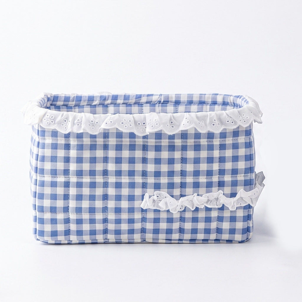 Quilted Gingham Fabric Storage Basket with Lace Trim