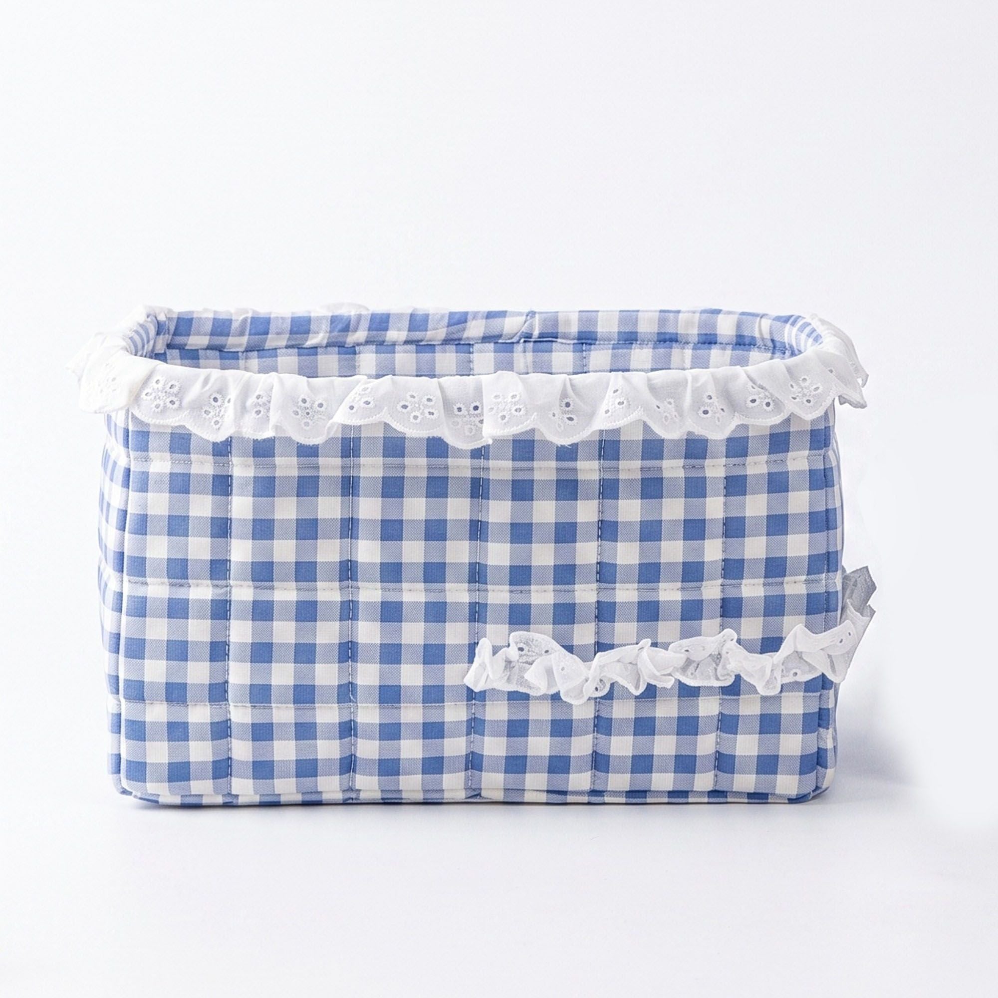 Quilted Gingham Fabric Storage Basket with Lace Trim