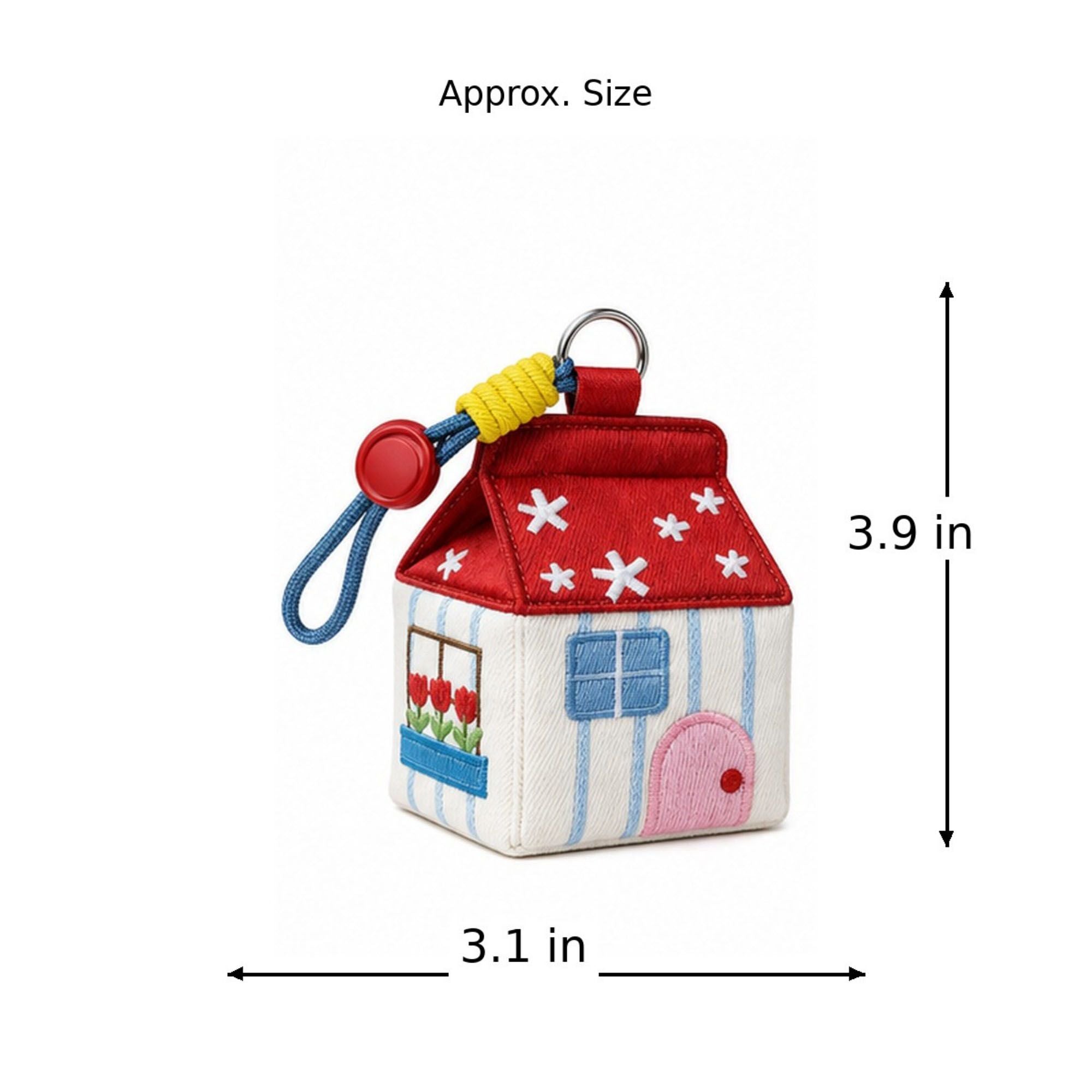 Embroidered House-Shaped Mini Pouch Keychain with Wrist Strap for Earbuds, Coins and Small Essentials