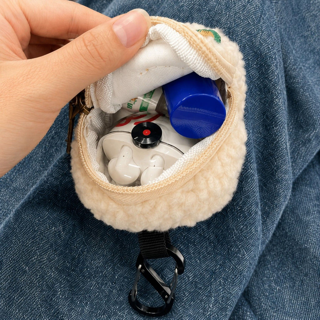 Plush Lamb Mini Coin Purse Keychain with Zipper Closure, Embroidered Patch and Clip-On Earbud Storage Pouch