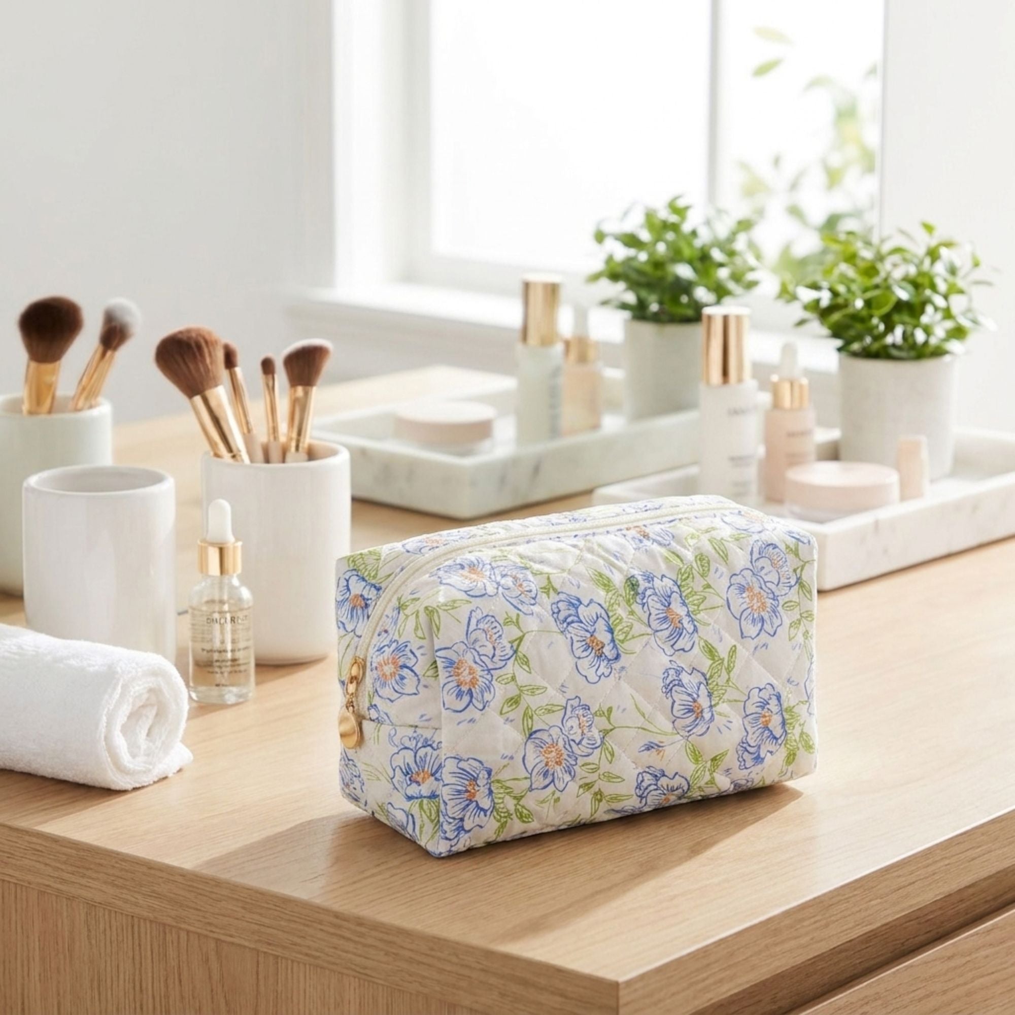 Floral Quilted Makeup Bag Travel Cosmetic Toiletry Pouch with Zipper Closure
