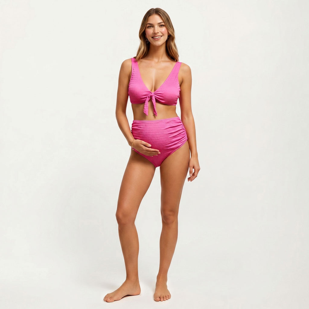 Anna-Kaci Swim Women's Tie-Front Maternity Bikini Set with High-Waisted Bottoms and Ribbed Texture