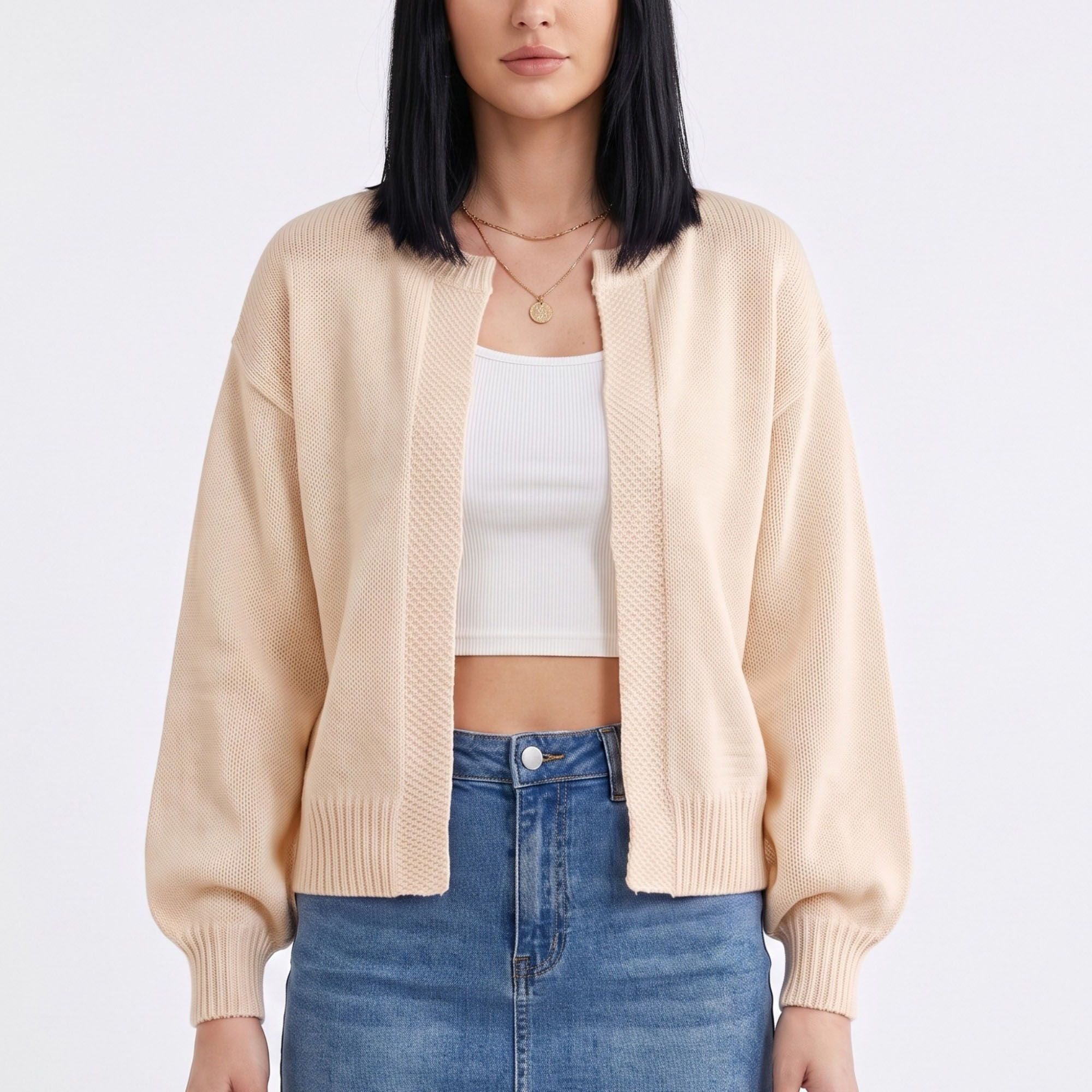 Open-Front Drop Shoulder Long Sleeve Knit Cardigan