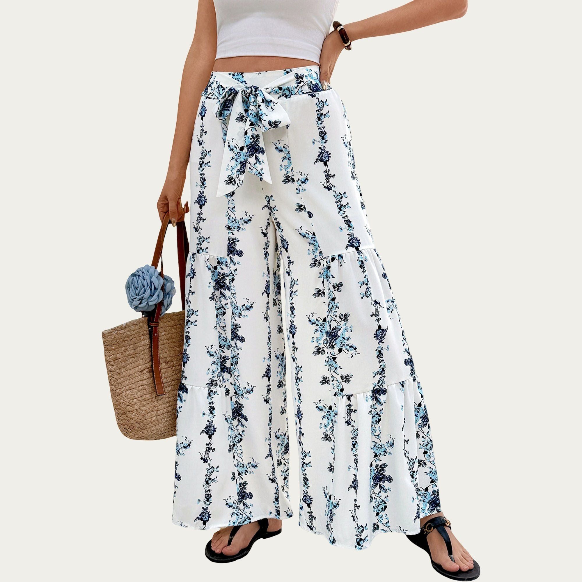 Anna-Kaci Women's Floral Wide Leg Palazzo Pants with Tiered Hem Detail and Adjustable Tie Waist
