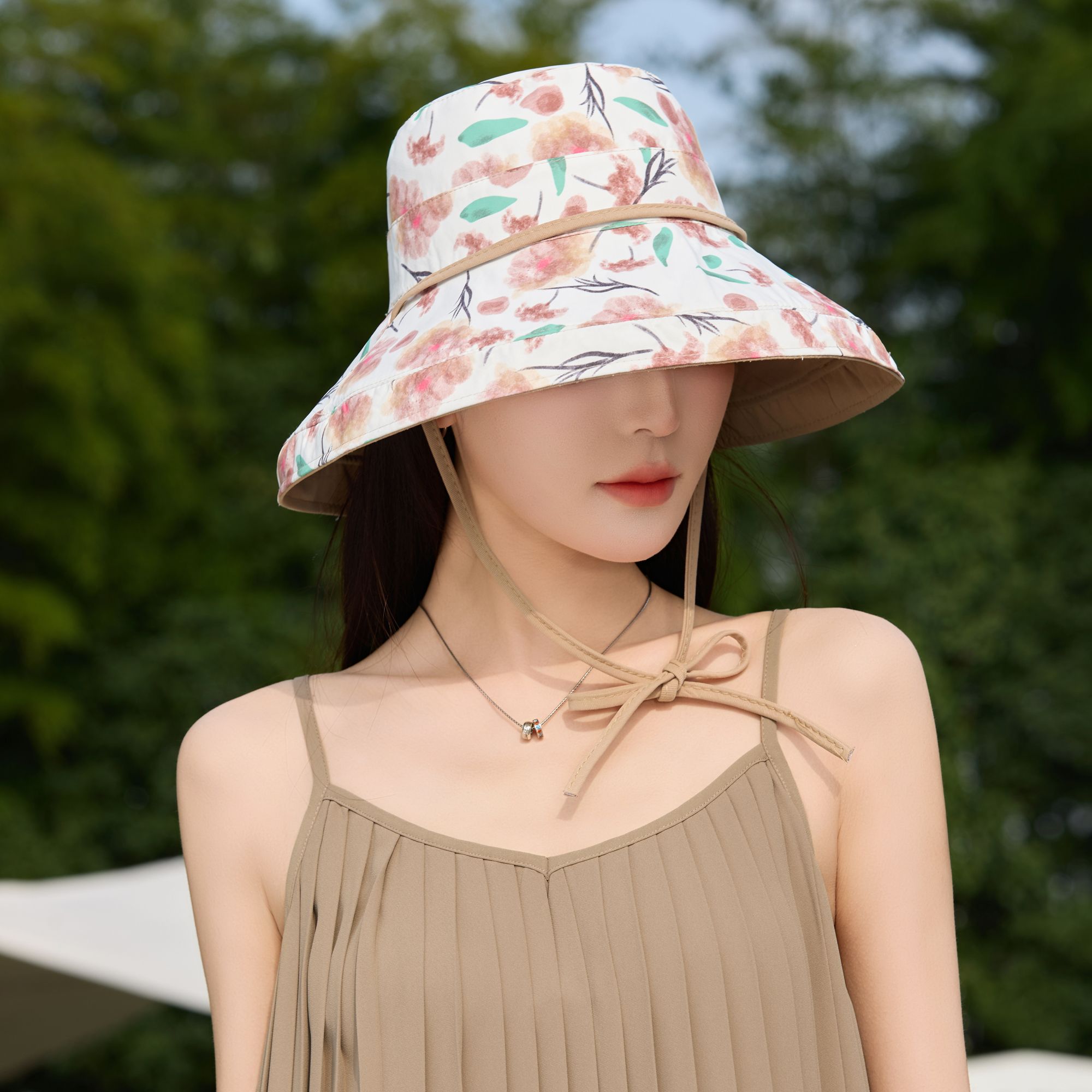 Anna-Kaci Women's Reversible Floral & Solid Bucket Sun Hat with Chin Strap