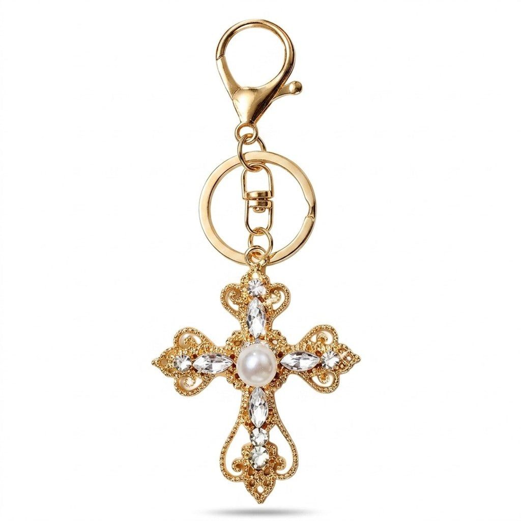 2pc Cross Pearl Rhinestone Keychain Bag Charm with Lobster Clasp and Key Ring