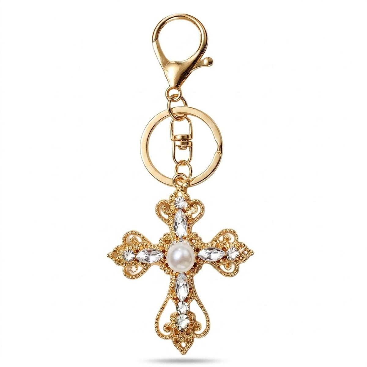 2pc Cross Pearl Rhinestone Keychain Bag Charm with Lobster Clasp and Key Ring