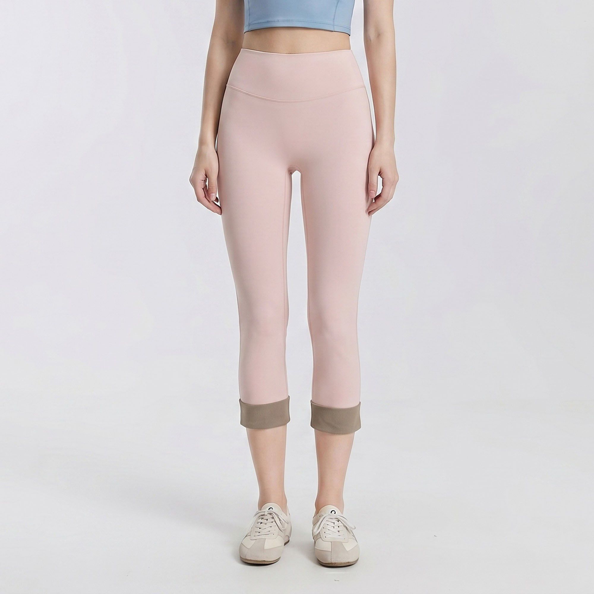 High Waist Capri Leggings with Folded Cuff Hem Wide Waistband Smooth Stretch Yoga Pants