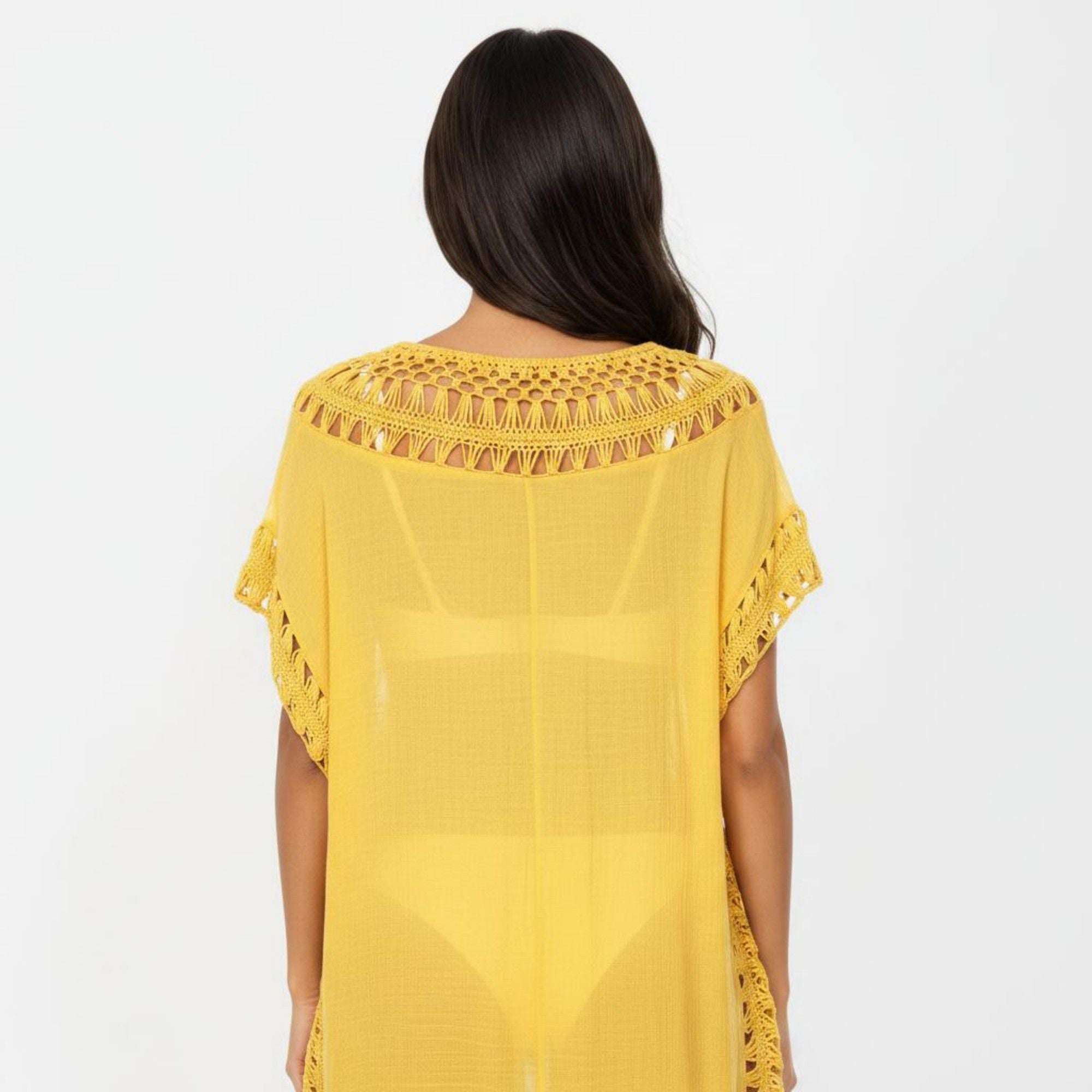 Anna-Kaci Women's Swim Cover Up Dress with Crochet Trim Short Sleeves Relaxed Lightweight Beach Caftan