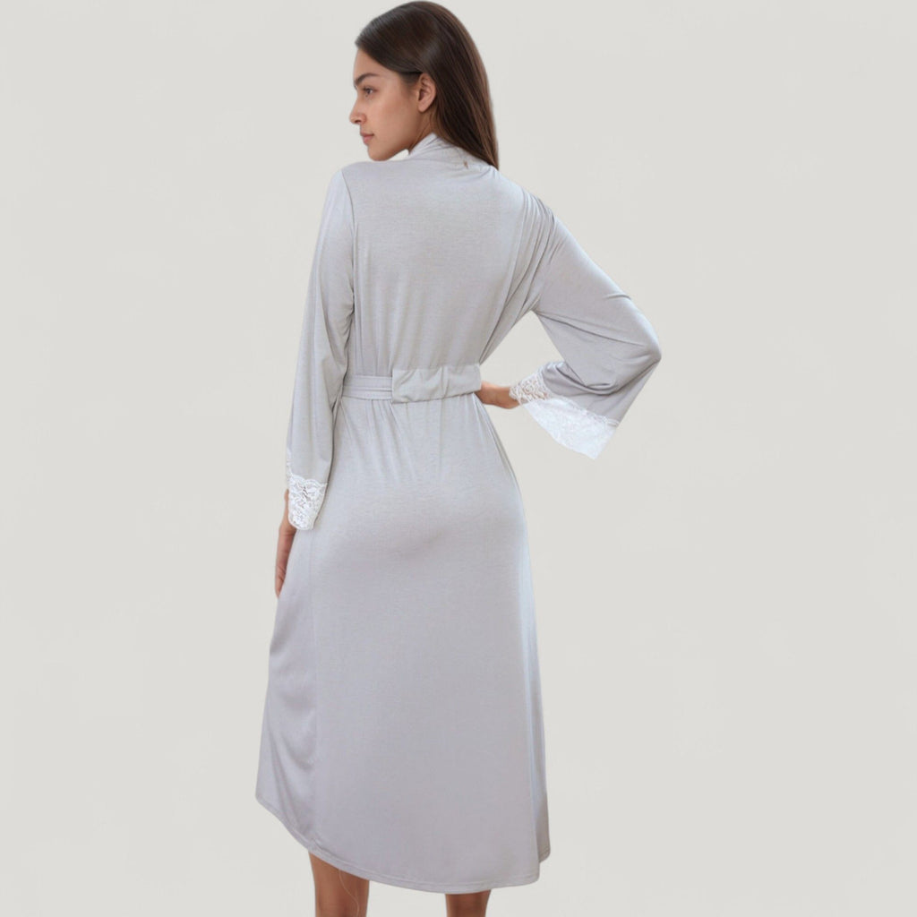 Anna-Kaci Lounge Women's Long Wrap Robe with Waist Tie and Contrast Lace Trim Sleeves